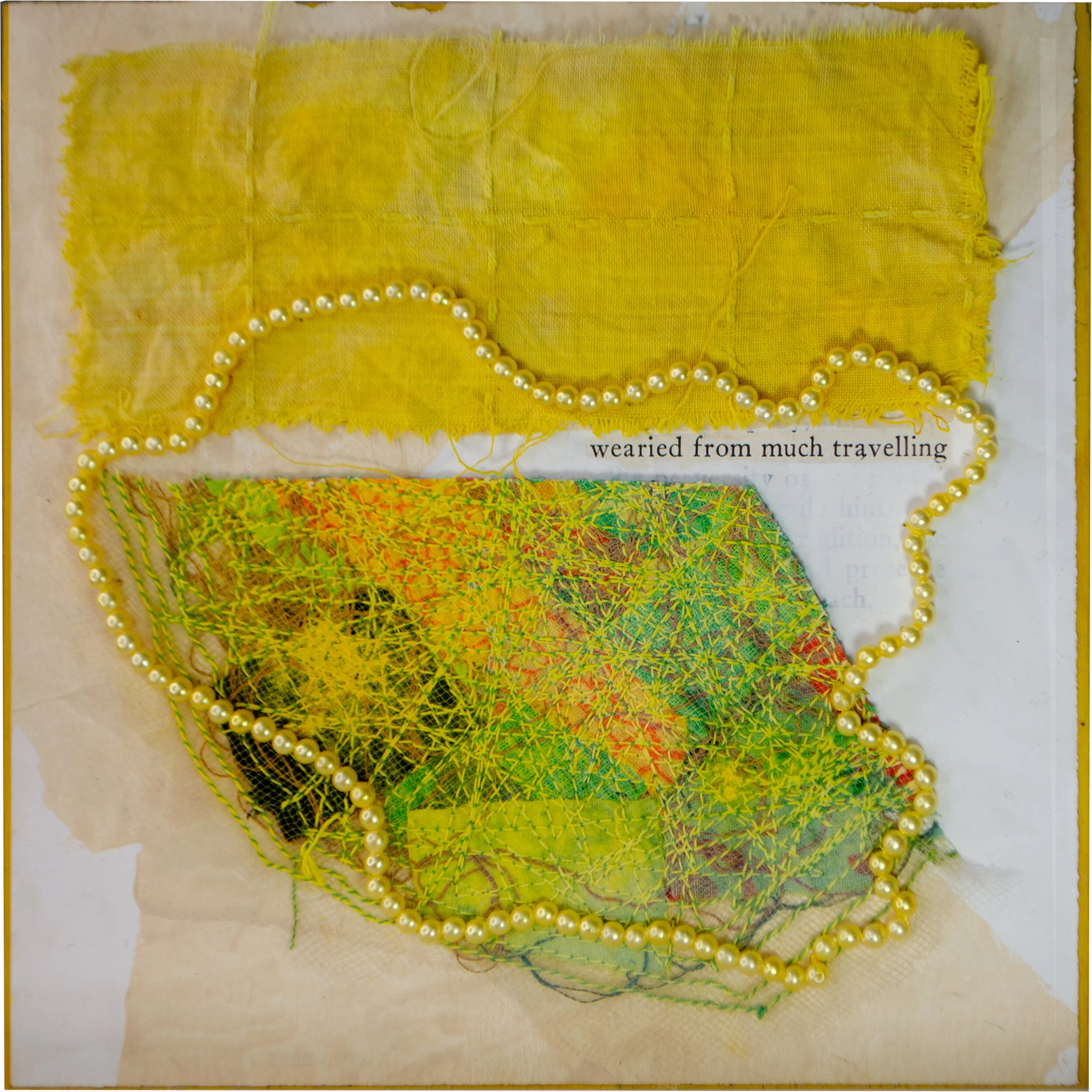 Held in Common: Yellow #11a by Carlyn Clark, two-panel mixed media art with pearl bead strands, thread netting, yellow textile patches, and revealed text
