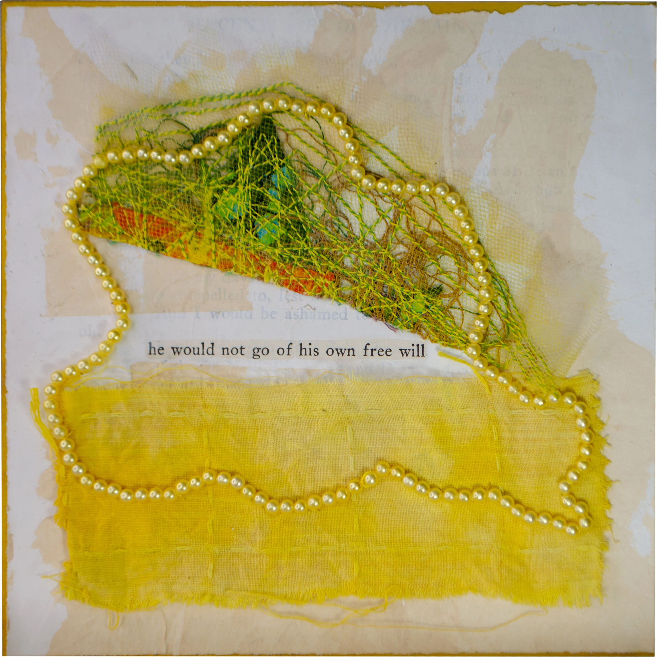 Held in Common: Yellow #11b by Carlyn Clark, two-panel mixed media art with pearl bead strands, thread netting, yellow textile patches, and revealed text