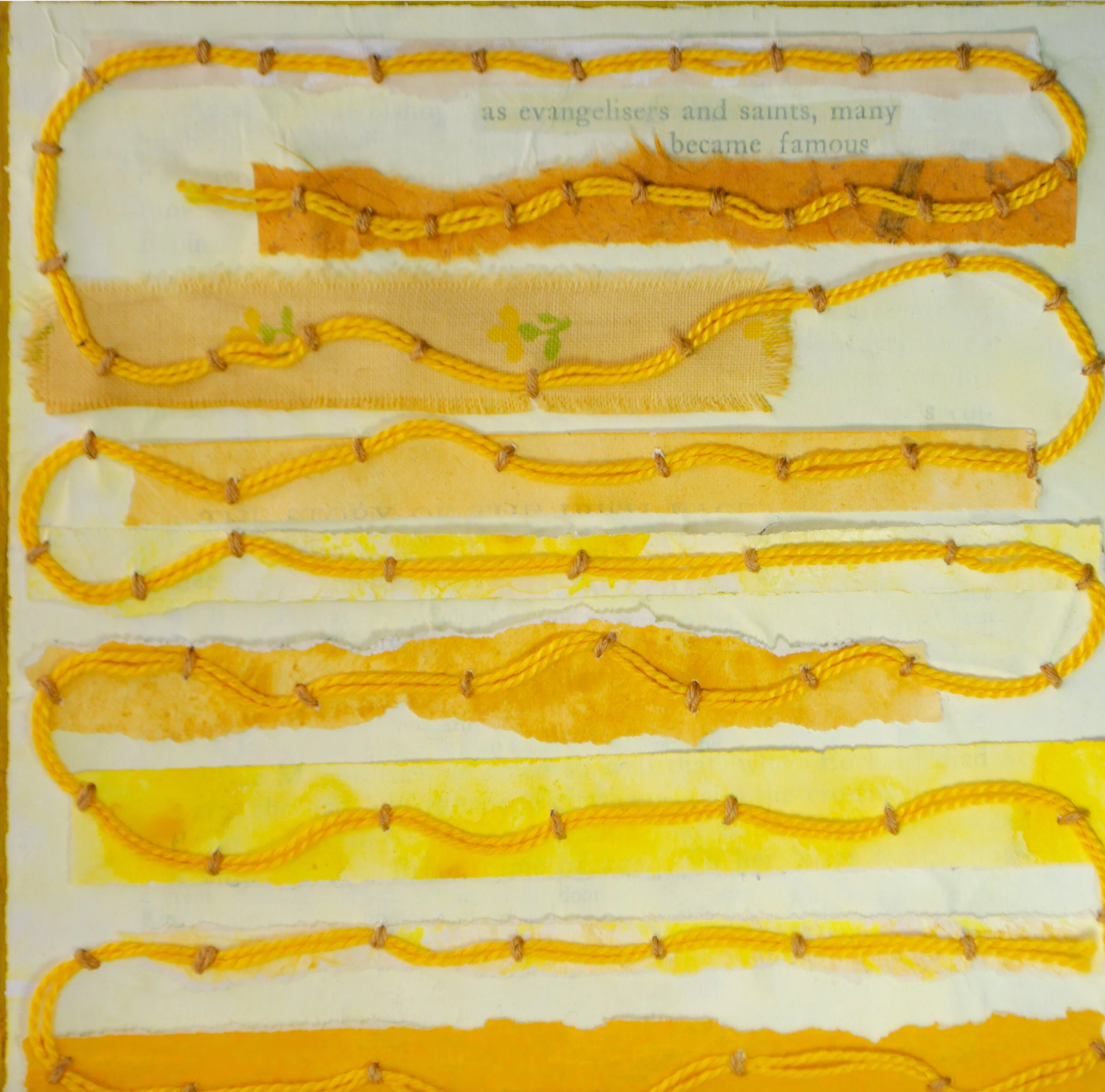 Held in Common: Yellow #12b by Carlyn Clark, two-panel mixed media collage with torn cloth and paper strips, yellow cord couching, and revealed text