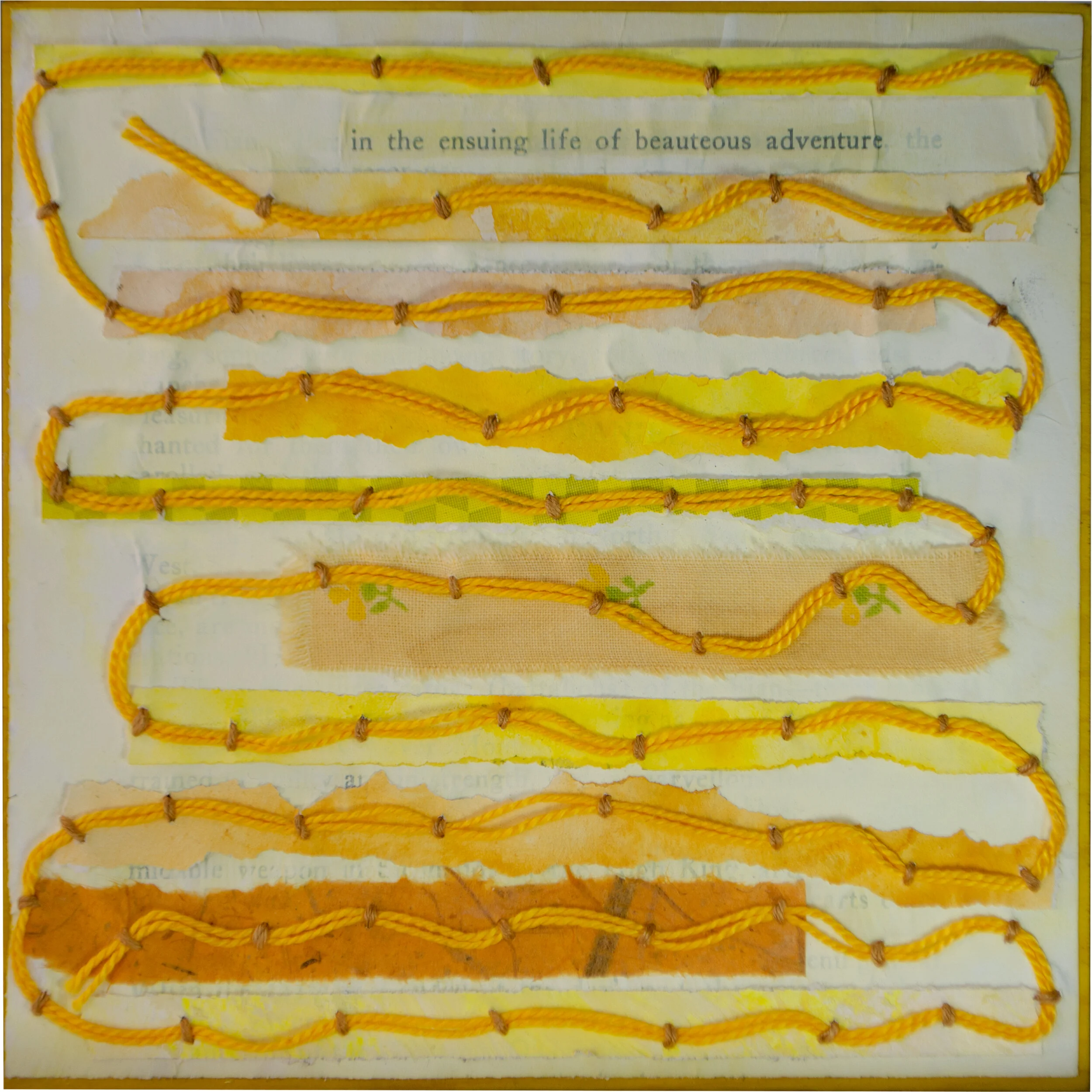Held in Common: Yellow #12b by Carlyn Clark, two-panel mixed media collage with torn cloth and paper strips, yellow cord couching, and revealed text