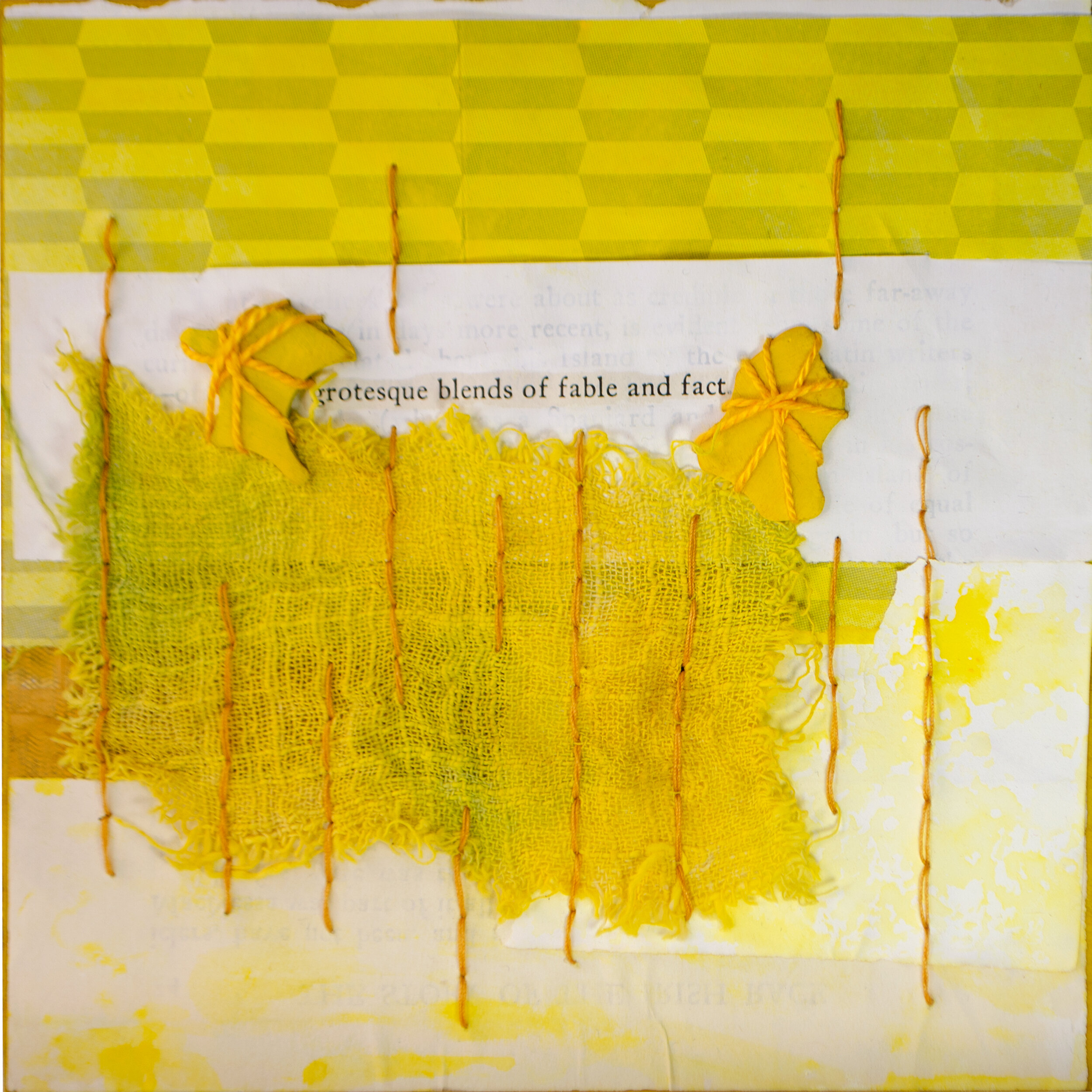 Held in Common: Yellow #13a by Carlyn Clark, two-panel mixed media art with loose weave yellow fabric, geometric paper grounds, stitched coconut shell pieces, and found text