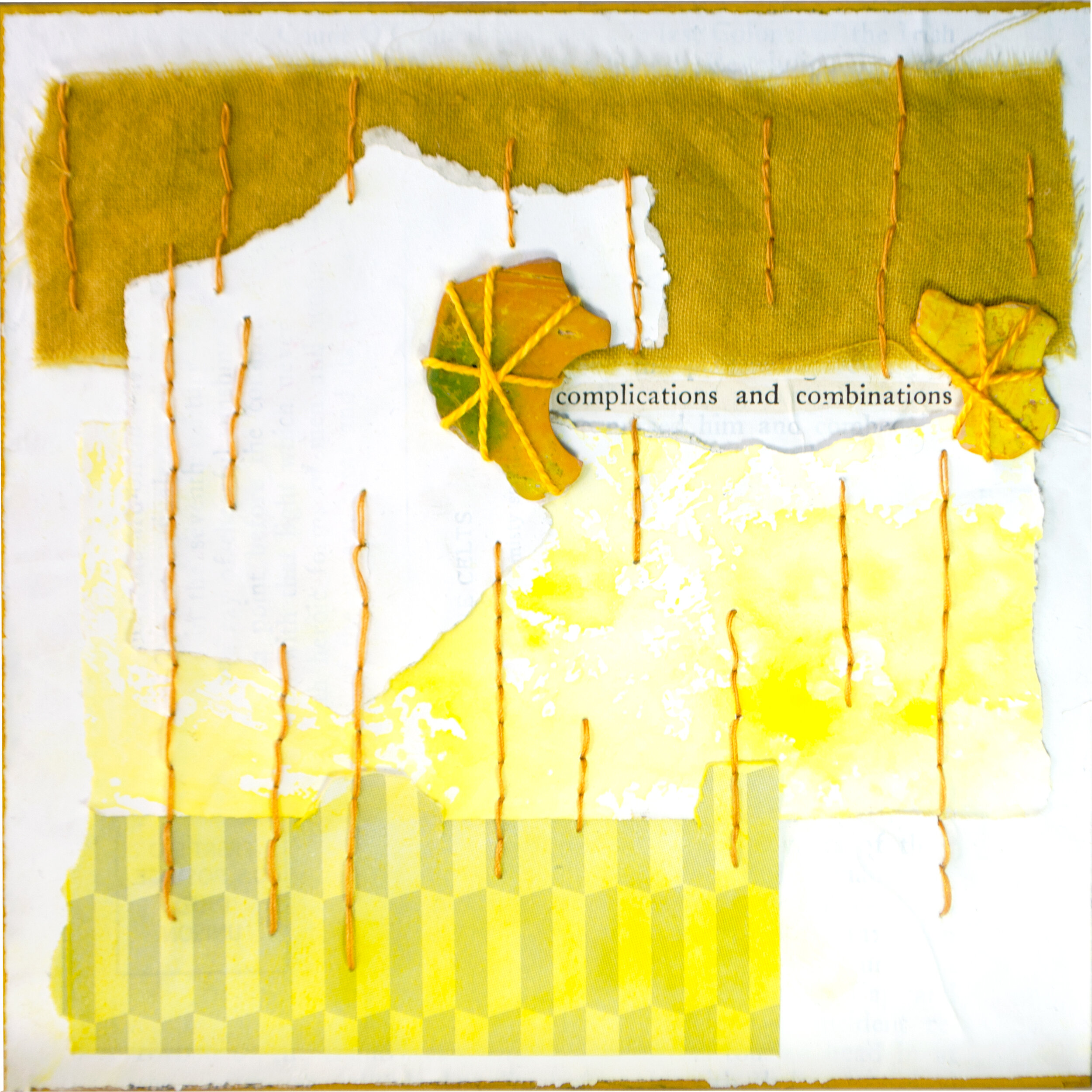 Held in Common: Yellow #13b by Carlyn Clark, two-panel mixed media art with loose weave yellow fabric, geometric paper grounds, stitched coconut shell pieces, and found text