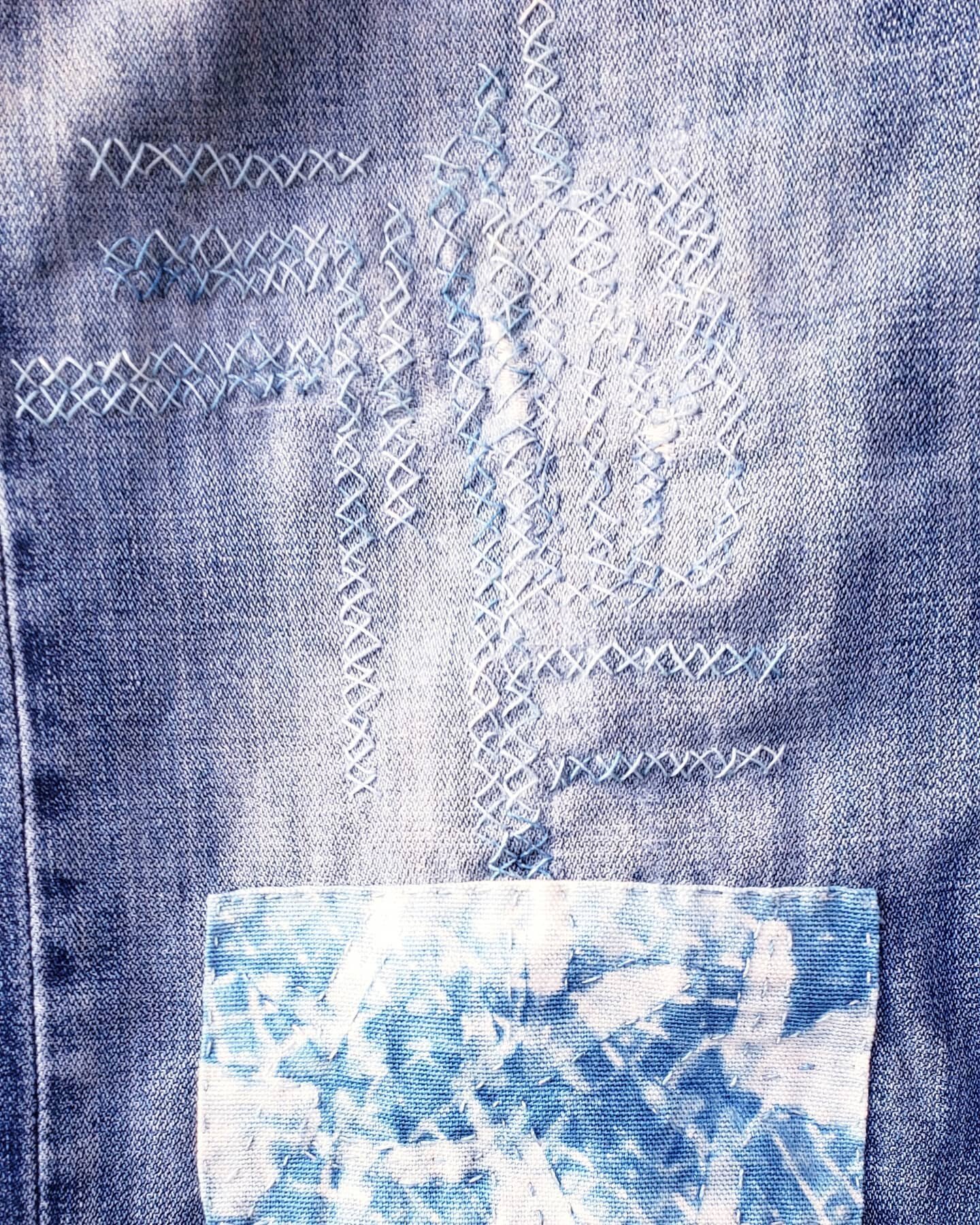 Mending while camping, using hand-dyed indigo thread available on my website