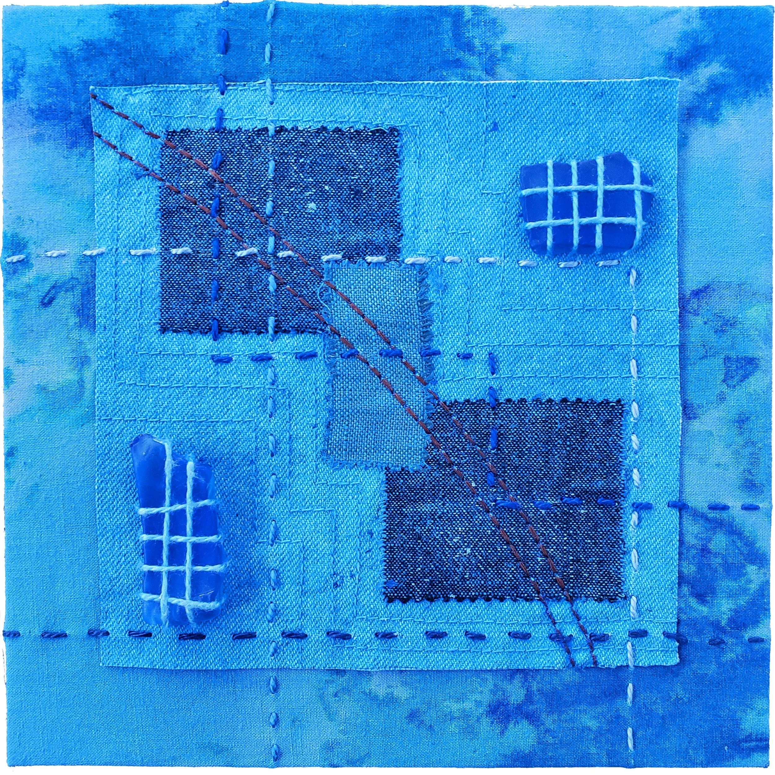 Carlyn Clark Held in Common Blue Series 6x6 inch birch plywood panel featuring layered indigo dyed fabric sashiko stitching and geometric grid patch