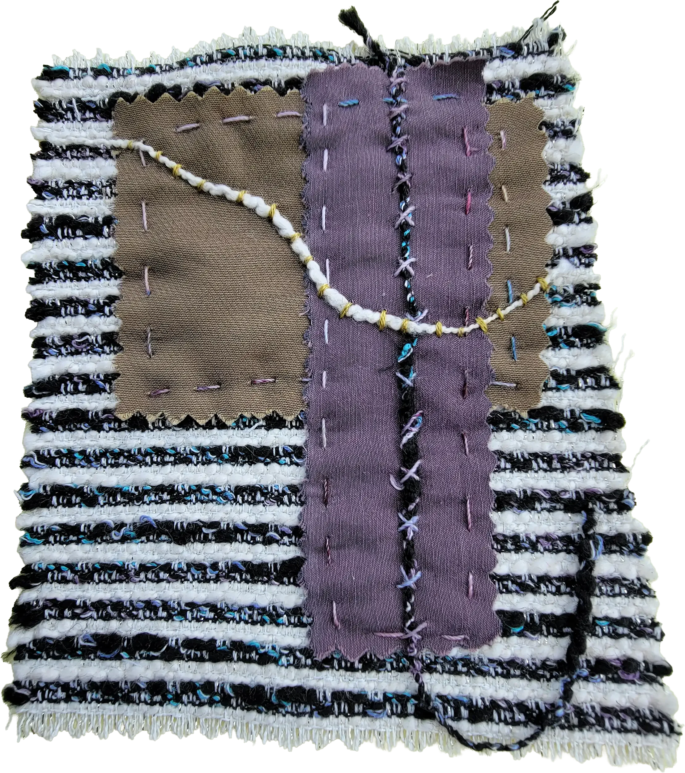 Hand-Stitched Boucle Patch: Patches travel with me — this one worked its way through on a black-and-white boucle base, with tan and lavender fabric patches layered on top and joined by a wandering line couched in black and white novelty threads. Stra