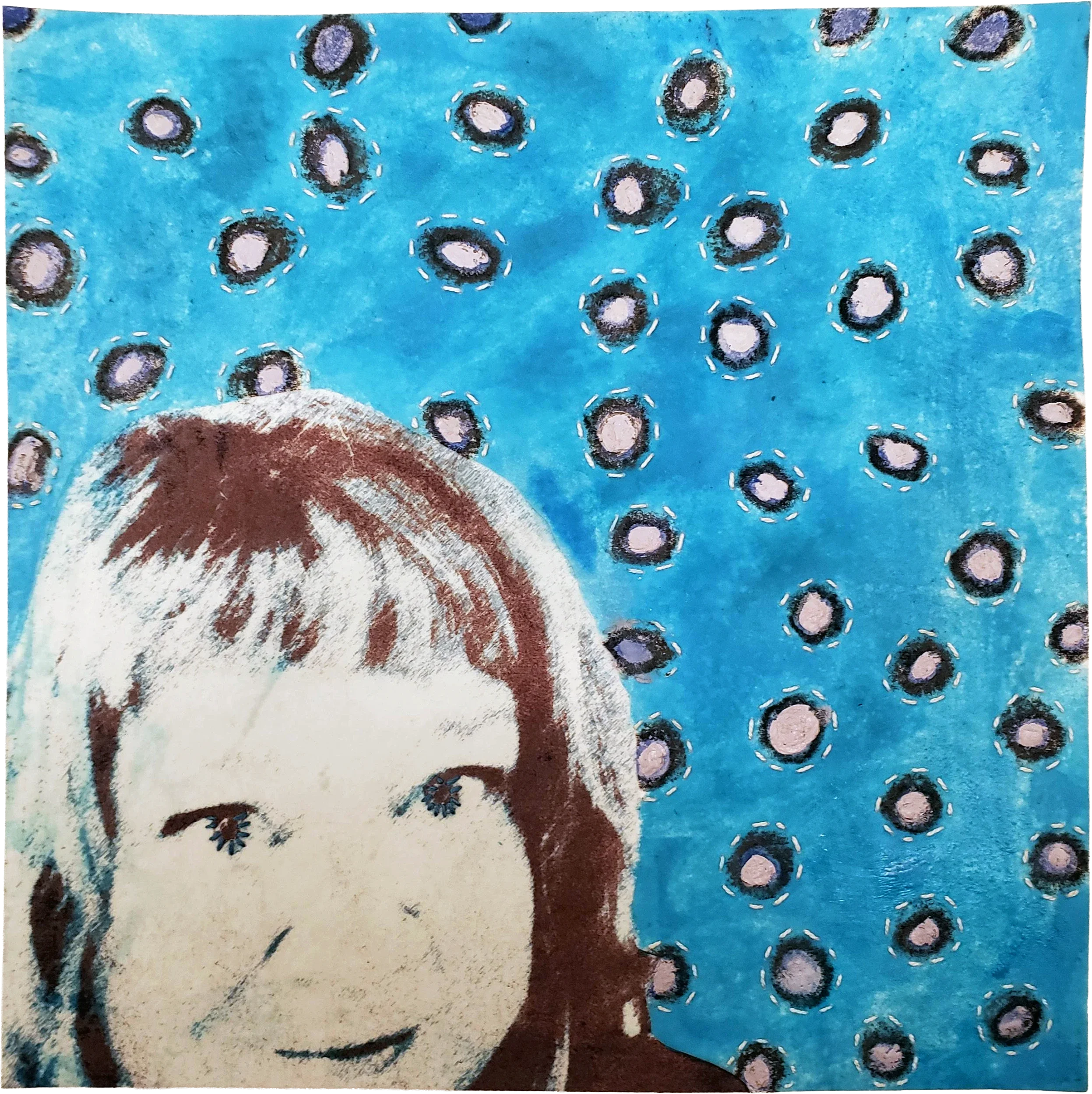 Portrait of/by/with Caryl St. Ama. Encaustic on cloth with stitching, 12 x 12 in. She has stars in her eyes, stitched in blue thread. Around her, a turquoise field of dark-ringed lilac ovals, each circled by a dashed white line of stitches.