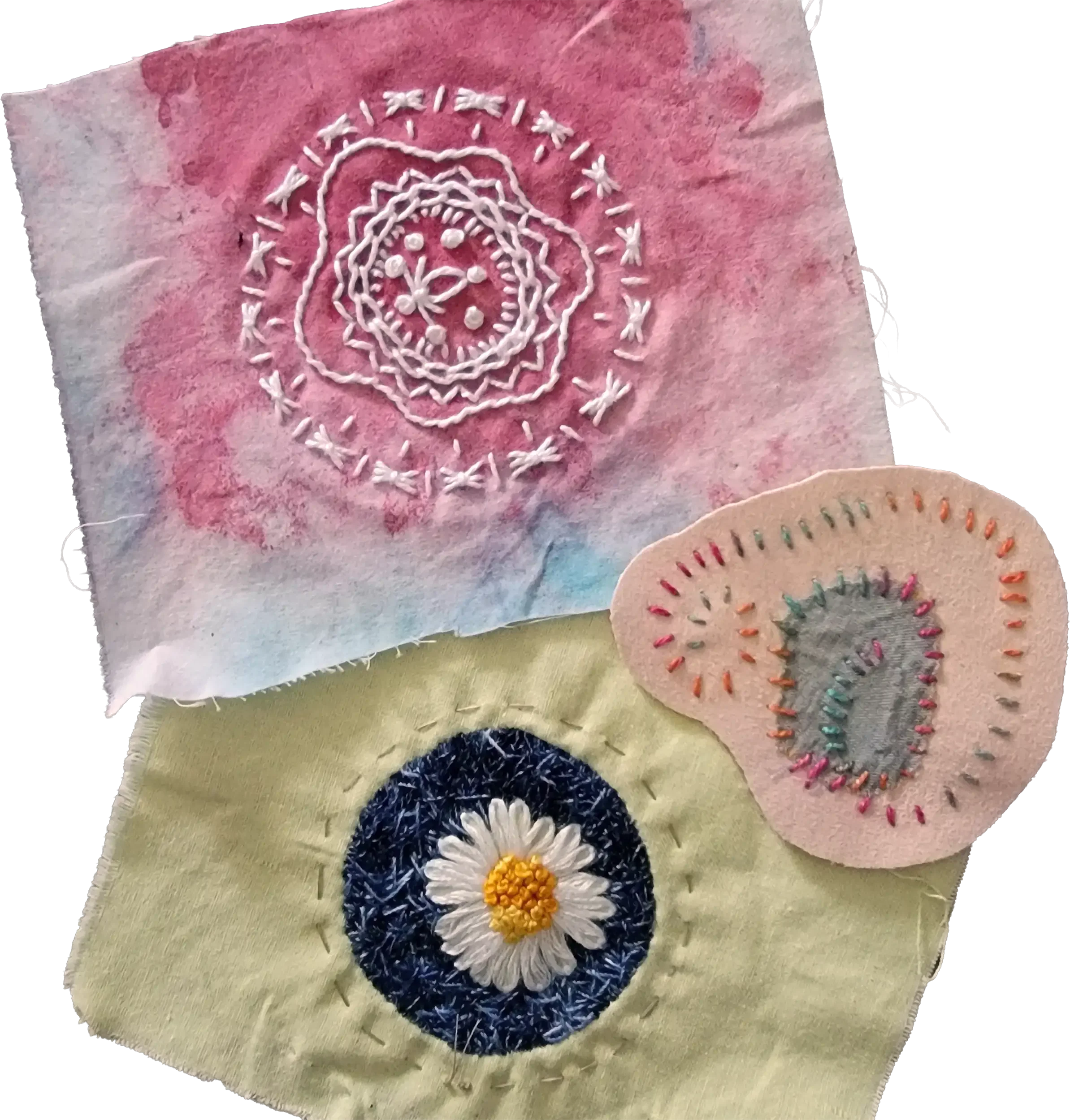 Hand-Stitched Patch Trio: A stitched mandala in white chain stitch and French knots on hand-dyed cloth fading from dusty pink to pale blue; an organically shaped scrap patch bound edge to edge in a rainbow of straight stitches, its center appliquéd w