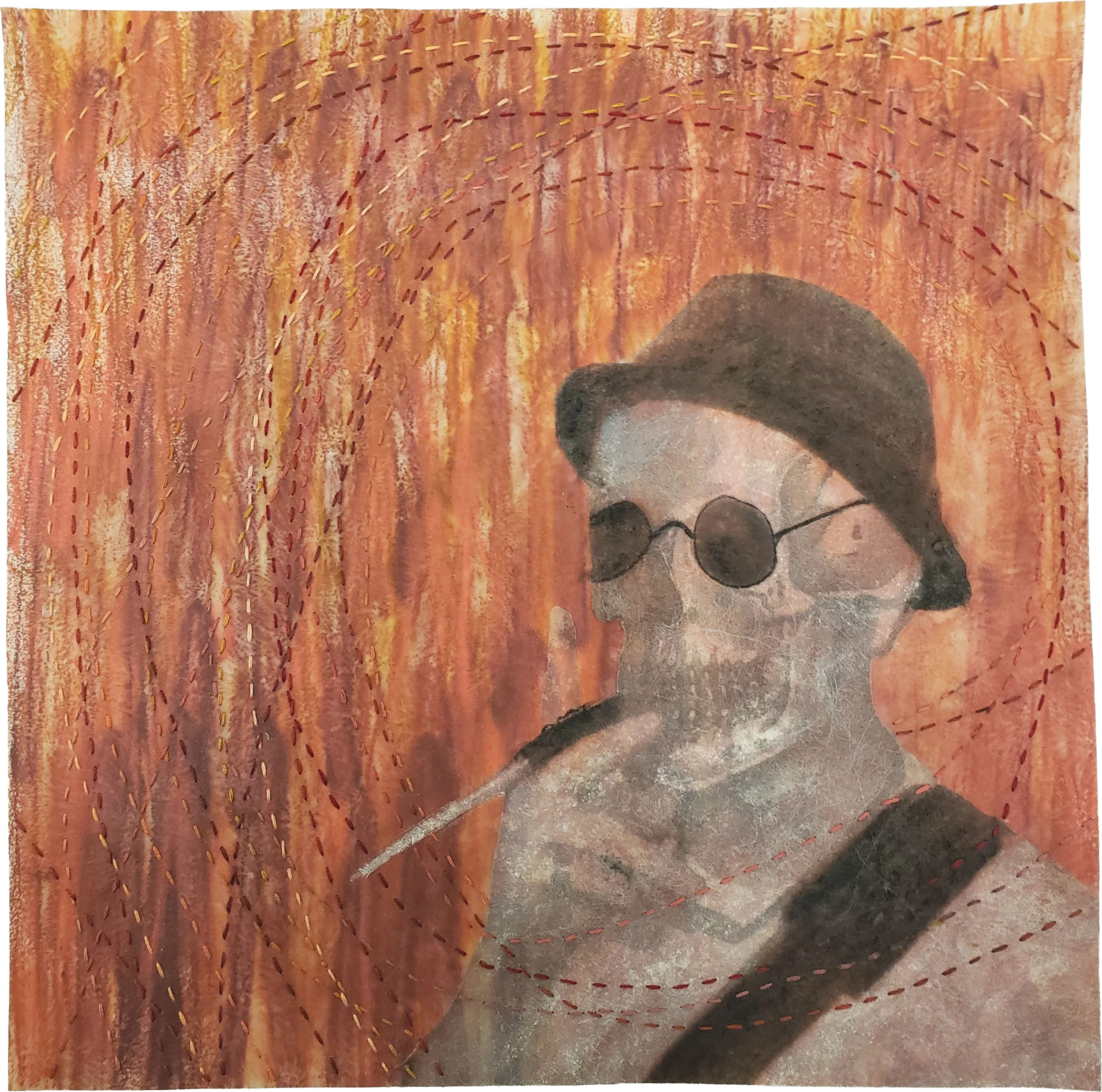 Portrait of/by/with Johnny Fox. Encaustic on cloth with stitching, 12 x 12 in. I printed Johnny's portrait on cloth, set it in a streaked rust-orange field of encaustic, and sent rings of running stitch rippling out from the figure.