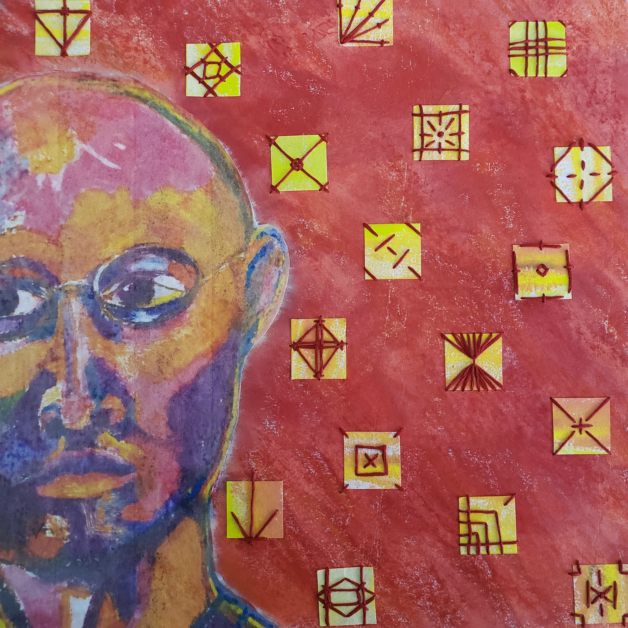 Portrait of/by/with Luke Reichle. Encaustic on cloth with stitching, 12 x 12 in. I printed Luke's painted portrait on cloth and set it against a red field of encaustic scattered with small yellow squares, each stitched in dark red thread with its own