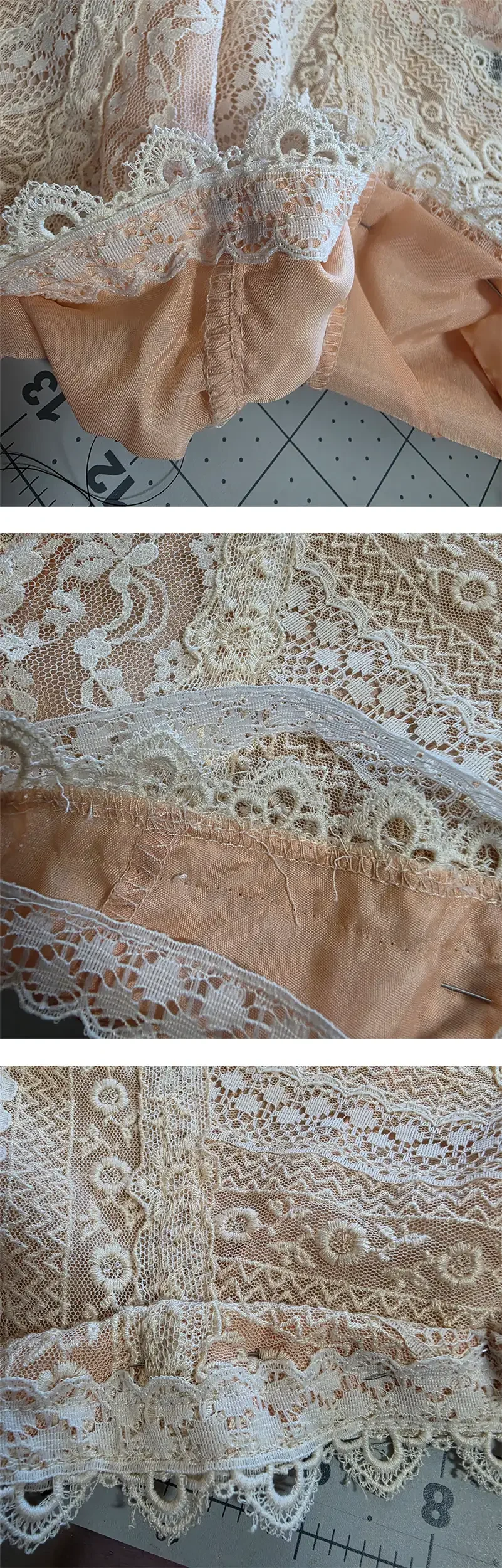 Layers of the original lace and peach silk, taken apart and reworked.