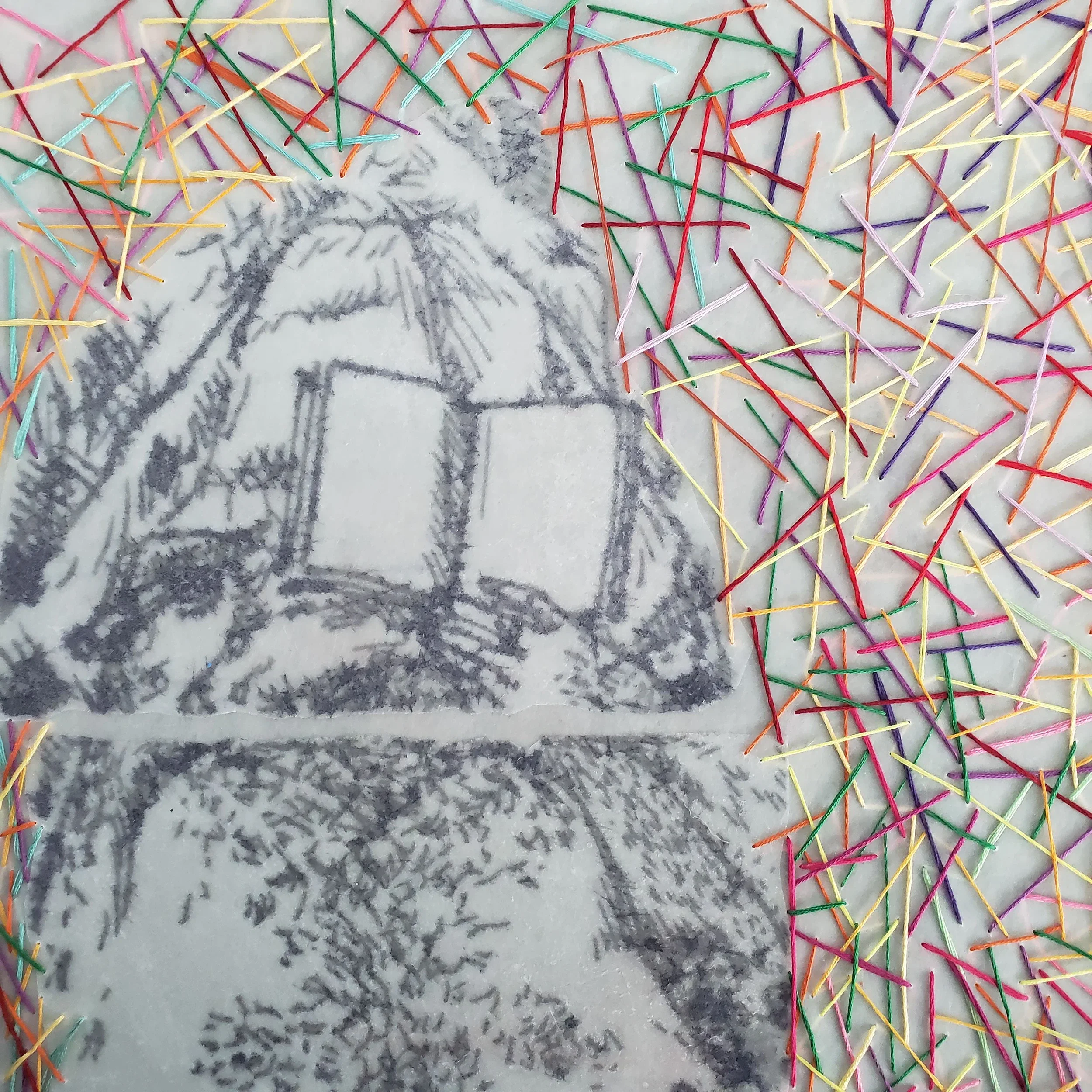 Portrait of/by/with Chris Russell. Encaustic on cloth with stitching, 12 x 12 in. The black lines are Chris's own drawing. I love his sketches of people on the subway and streets of New York, and I imagined him riding through all that bustle. Here, p