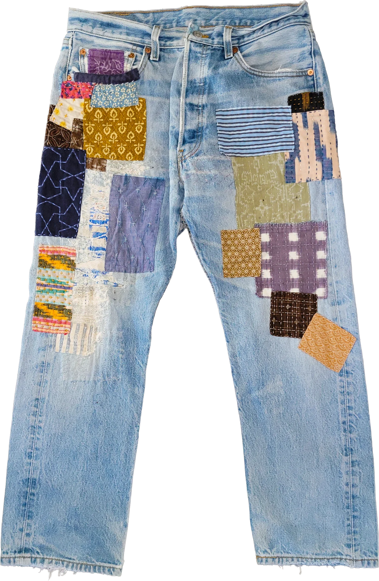 Vintage Levi's jeans patched and mended by Carlyn Clark with sashiko and handstitching using upcycled fabric scraps and threads.