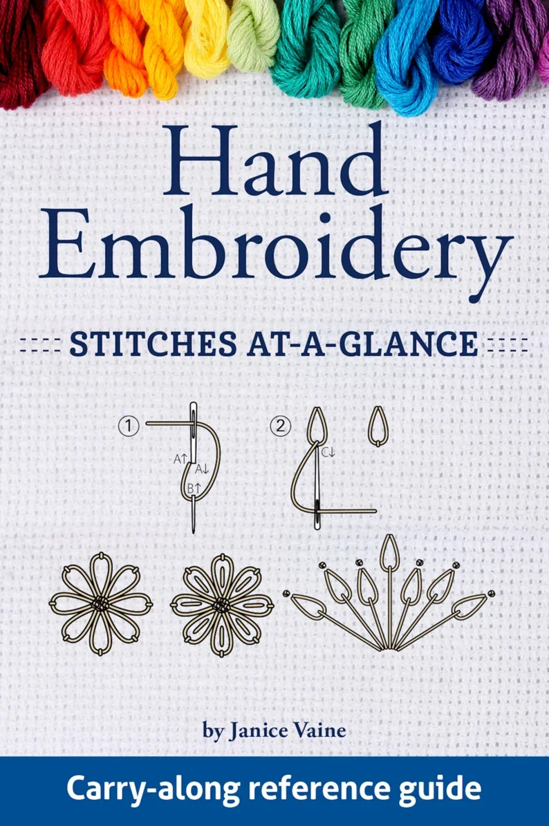 Cover of Hand Embroidery: Stitches At-A-Glance, a carry-along reference guide by Janice Vaine, with a row of rainbow embroidery floss across the top and stitch diagrams below.