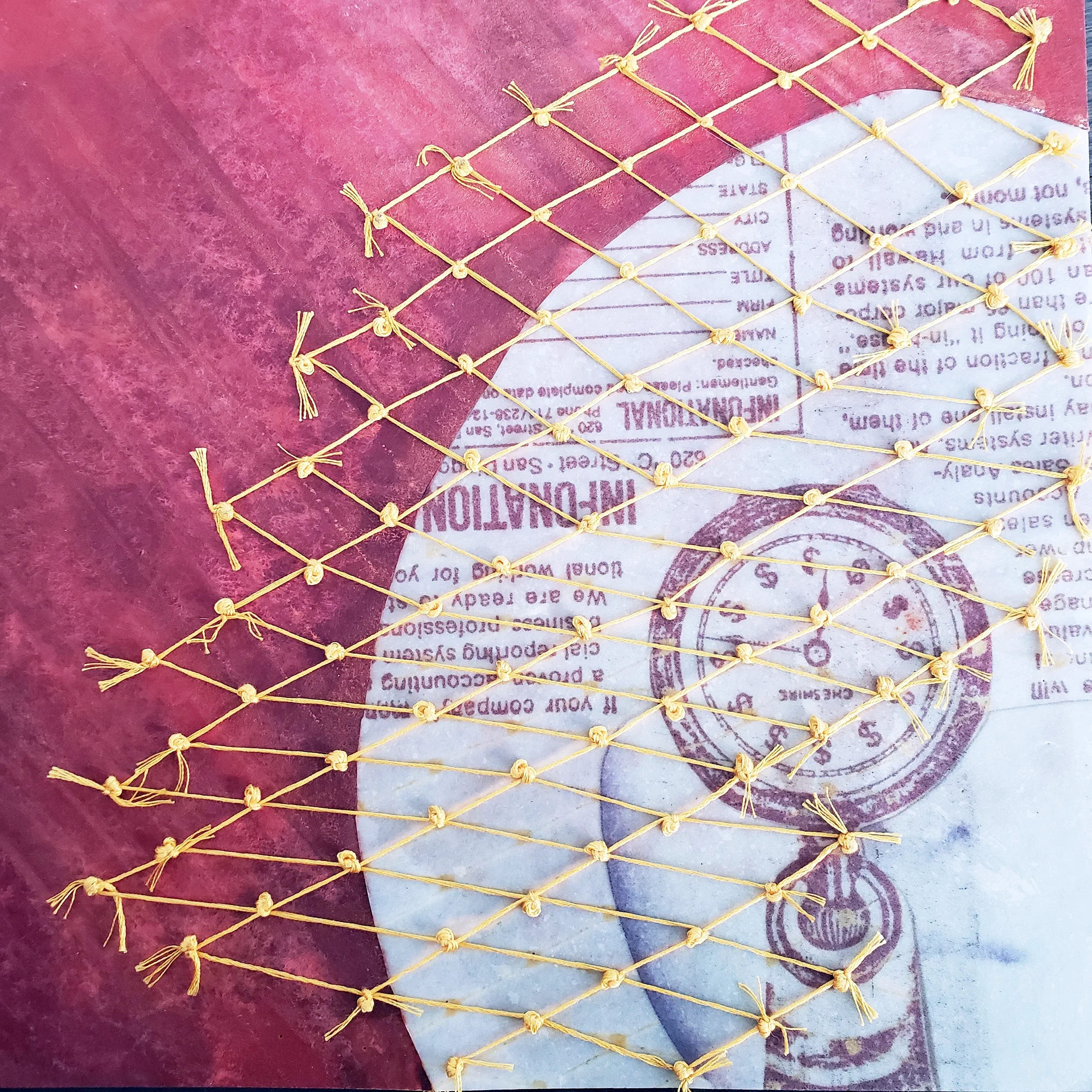 Portrait of/by/with Nancy Kay Turner. Encaustic on cloth with stitching, 12 x 12 in. Nancy is a collagist, and everything here except the red ground comes from her collage, printed on cloth. My knotted yellow stitching is reminiscent of netting, impl