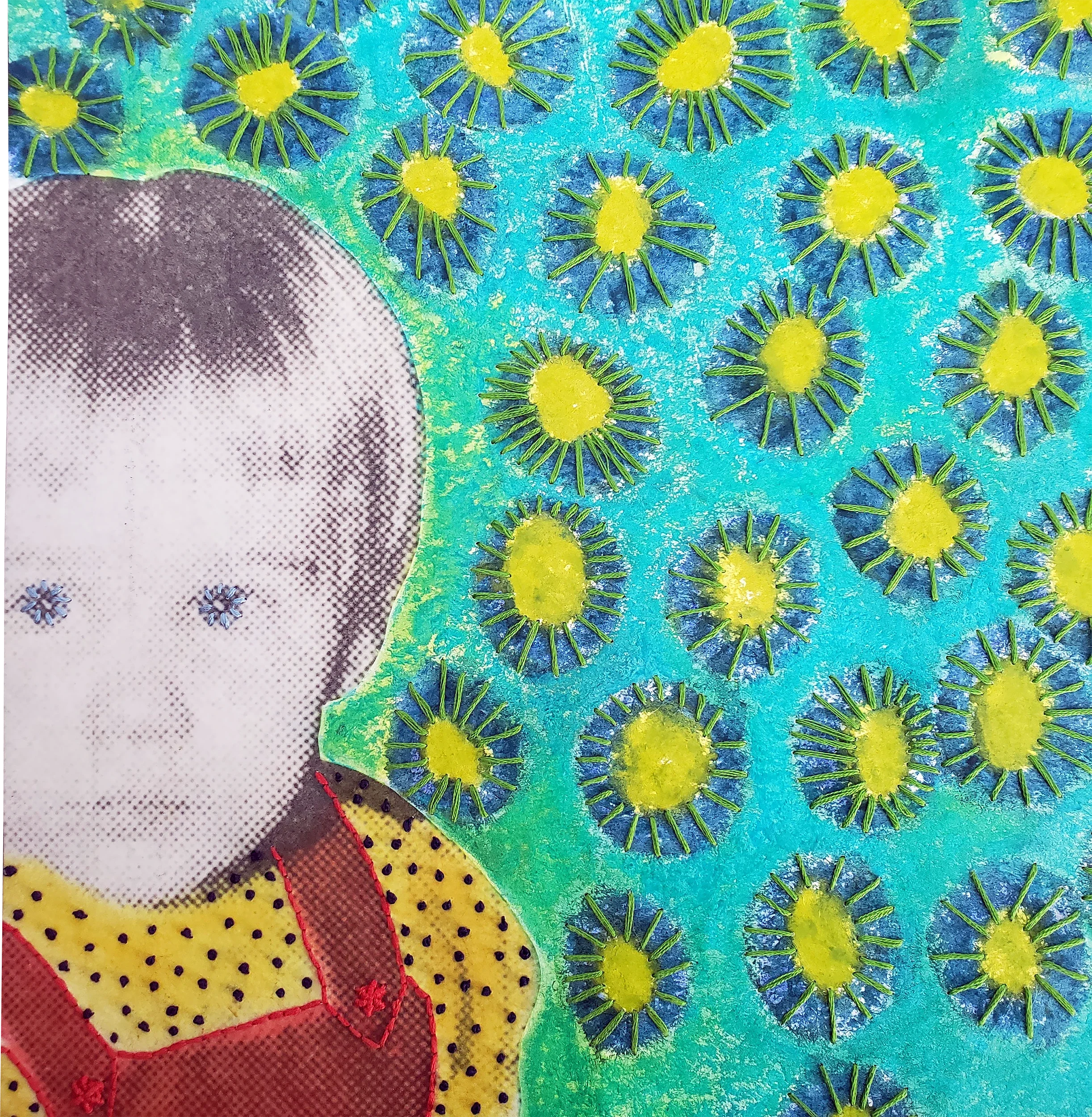 Portrait of/by/with Margaret Lazzari. Encaustic on cloth with stitching, 12 x 12 in. Margaret's original was a black-and-white photograph; I printed it on cloth and brought it into color with encaustic and thread.