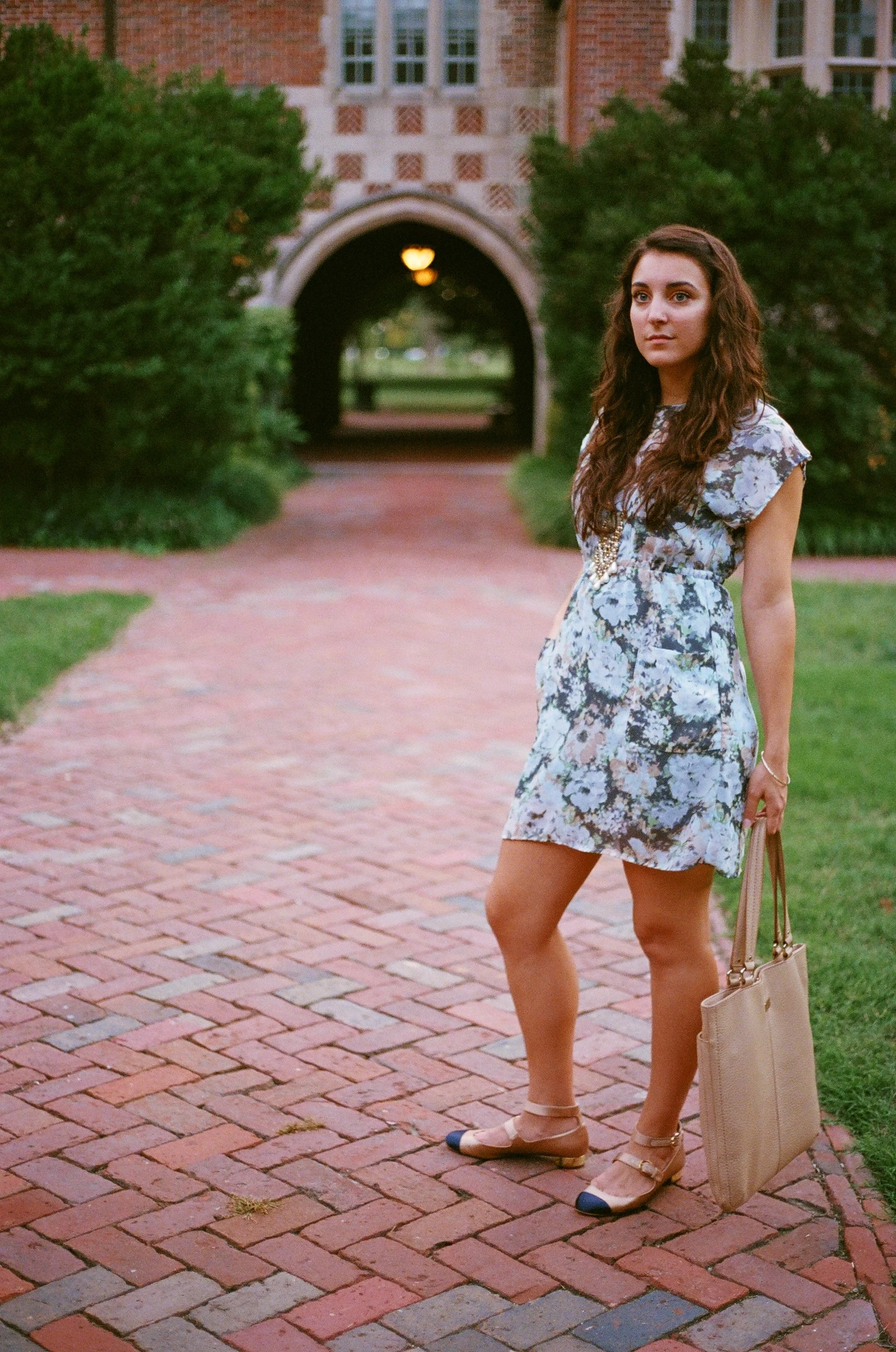  Photos taken at the University of Richmond's Amphitheater with a Cannon AE-1, Portra 400 film  Wearing:  Dress l  Ashby &nbsp;  Shoes l  J.Crew Collection Janey Satin Mary Janes   Bag l  Cole Haan     