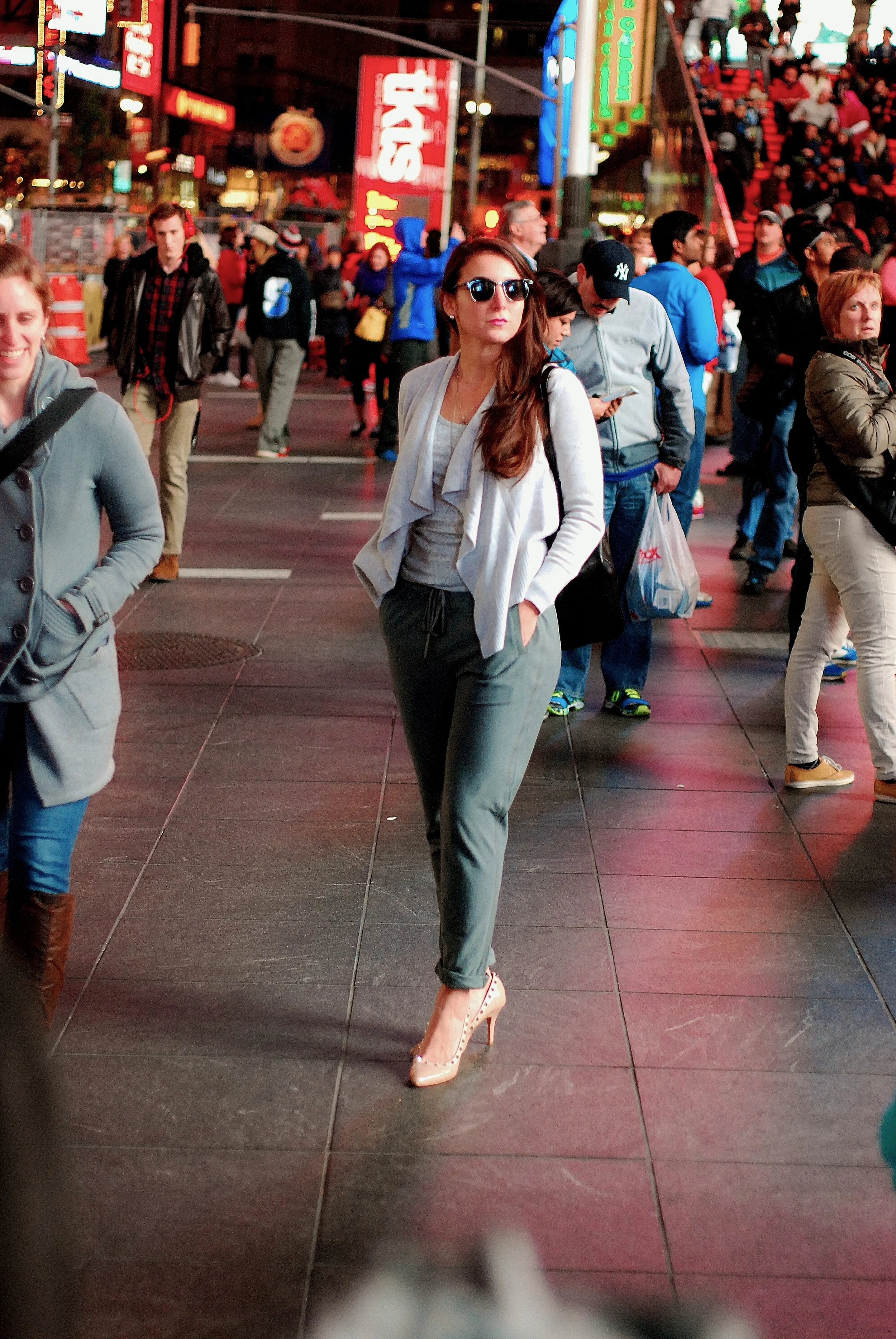  I felt like I was breaking the rules by wearing these "pajamas" in the middle of a crowded city, but with heels, a few pieces of jewelry, cool&nbsp; sunnies , and&nbsp; pink lips , it became an incredibly comfortable night on the town.       