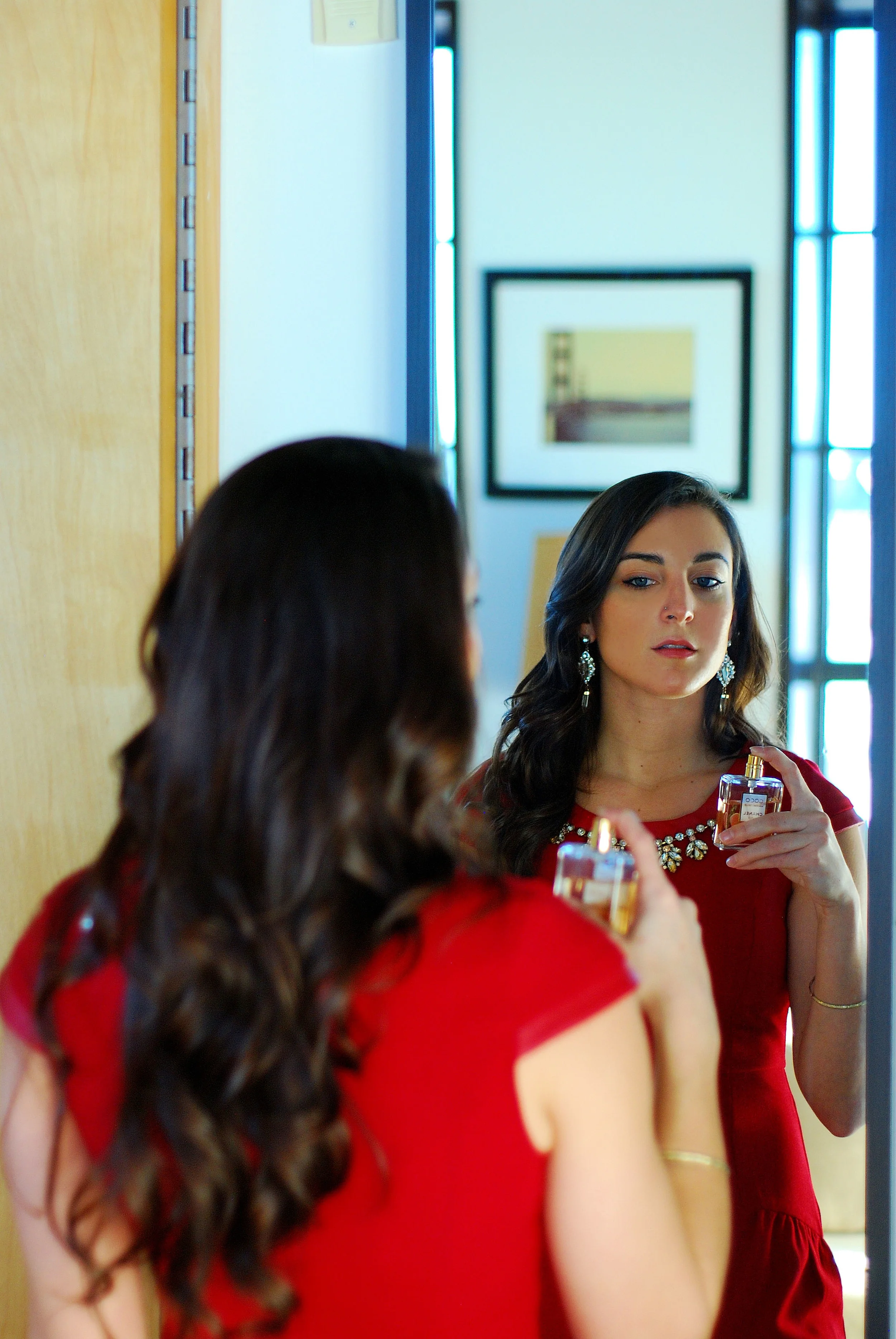  This dress is a&nbsp;sexier option than the last. &nbsp;Get it at  Trunk Up Boutique  now!&nbsp; I safety pinned a statement necklace to the collar of the dress, just under the faux leather trim. &nbsp;I am pictured applying my favorite date night p