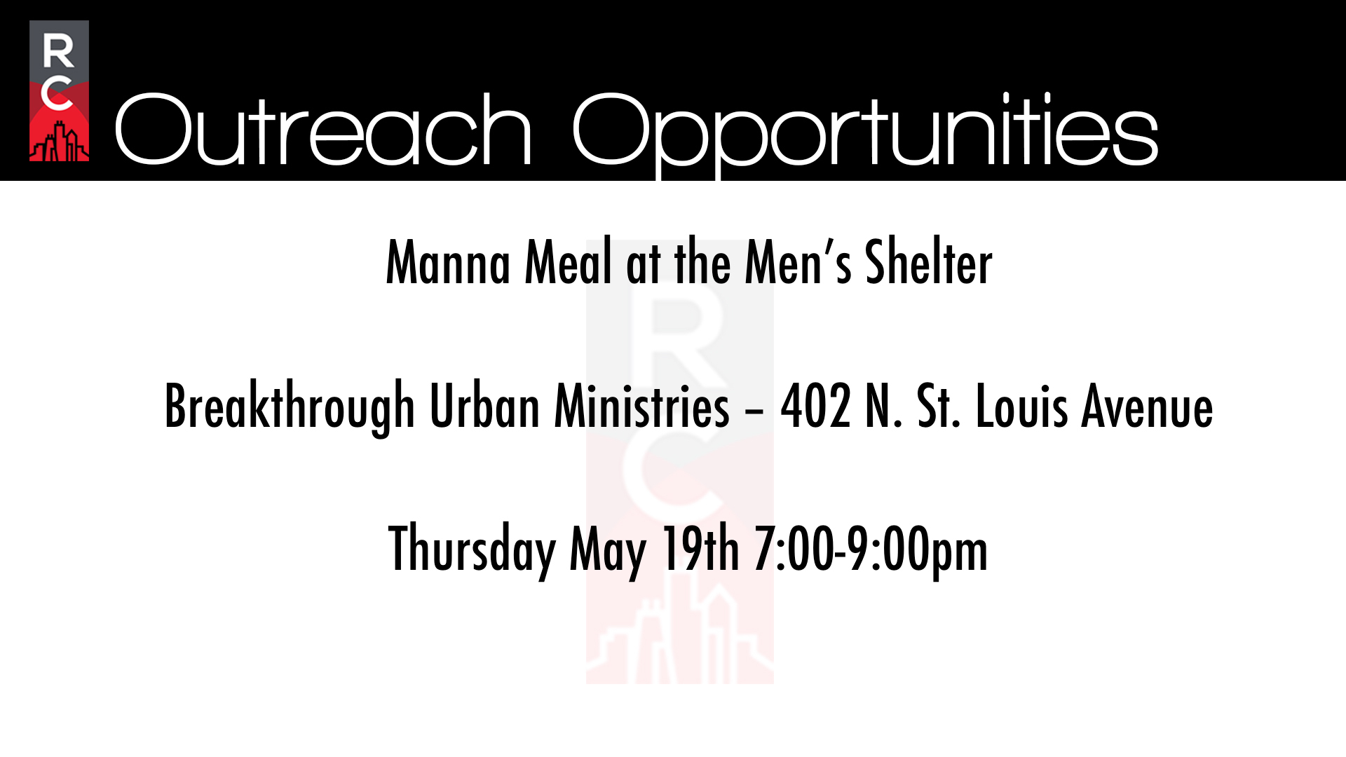 We want to be for our city in practical ways. Please join us on May 19th as we serve the Breakthrough Men's Center. We’ll be providing an evening meal for the shelter. Volunteer Sign Up sheet is on the informational table on Sunday or email kolby@renewalchicago.com