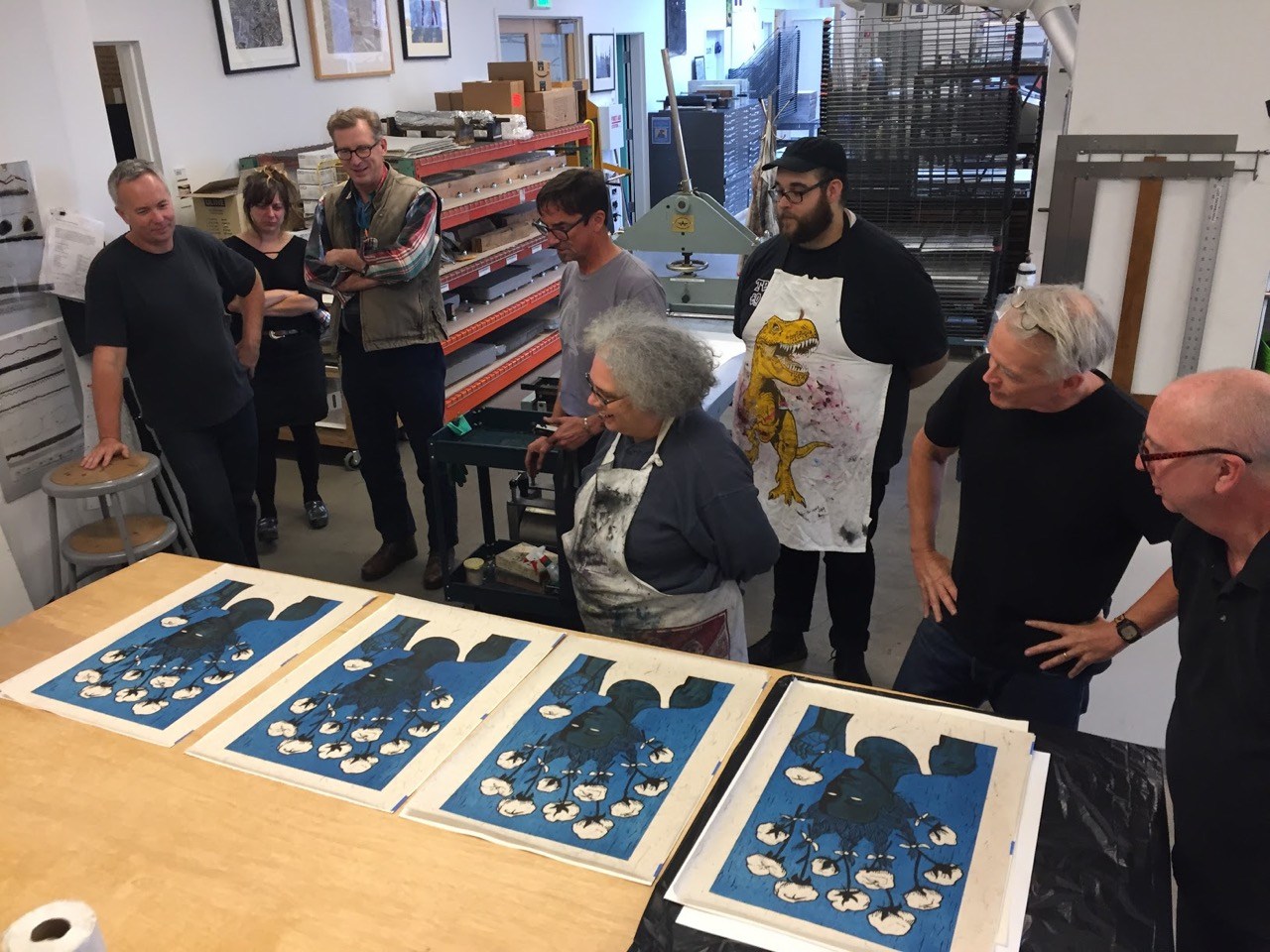 Alison Saar, Paul Mullowney, and PNCA students and faculty admiring "High Cotton". Photography by Meghann Gillian.