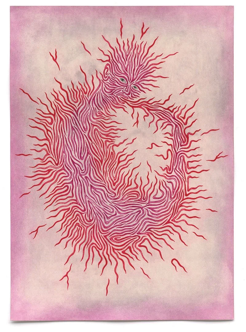Figure abstractly composed of wiggling, electric red and pink lines looking at the viewer