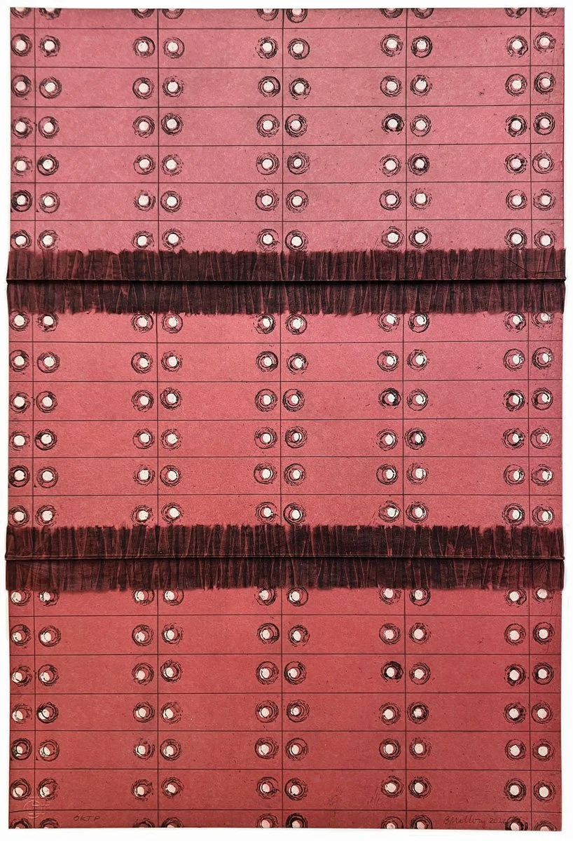 Grid pattern of ordered colums of dots and rows of lines in red and black ink