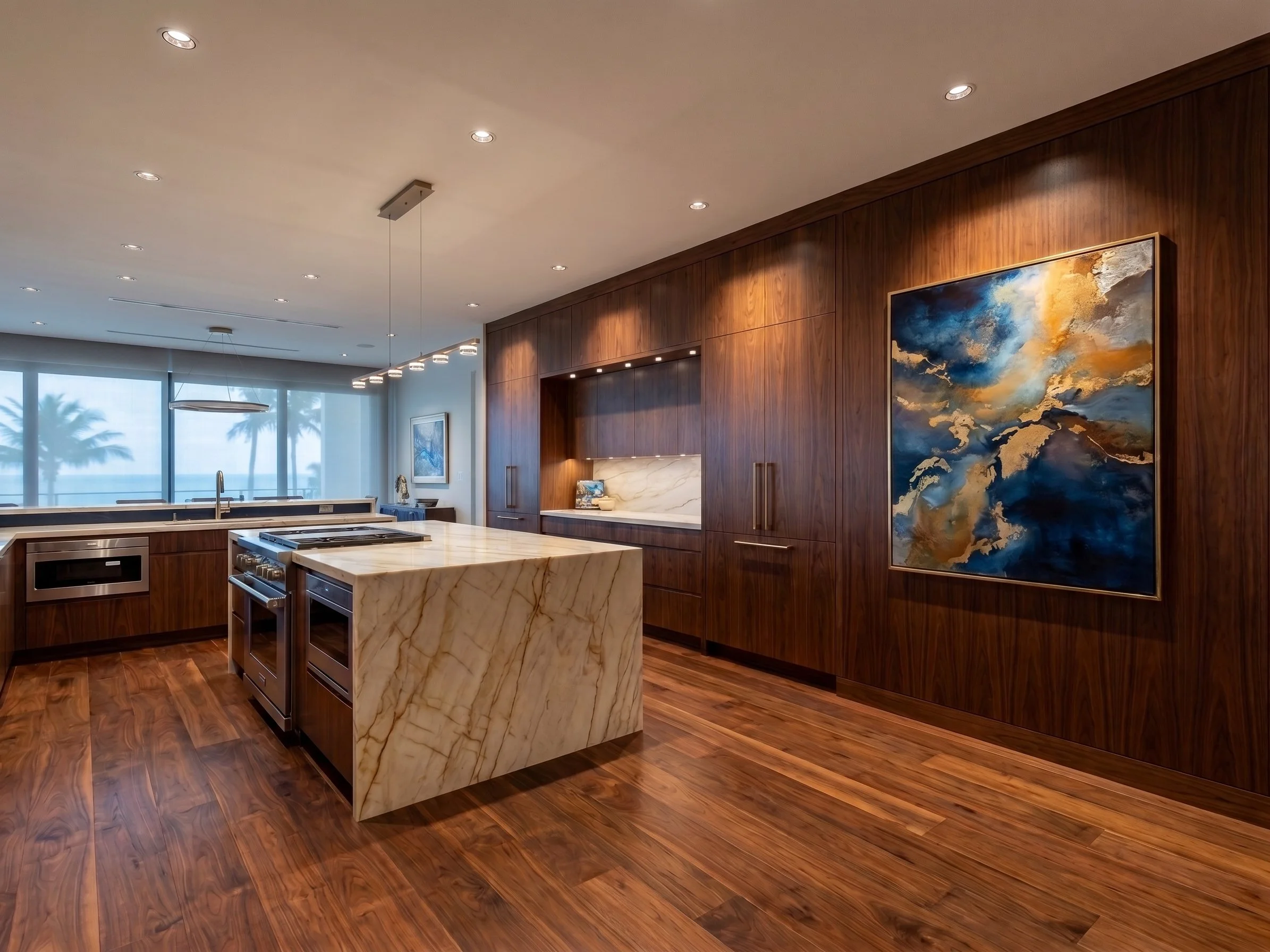 Luxury SWFL kitchen interior with deep-recessed 4-inch round Elco Koto architectural recessed lighting providing anti-glare illumination