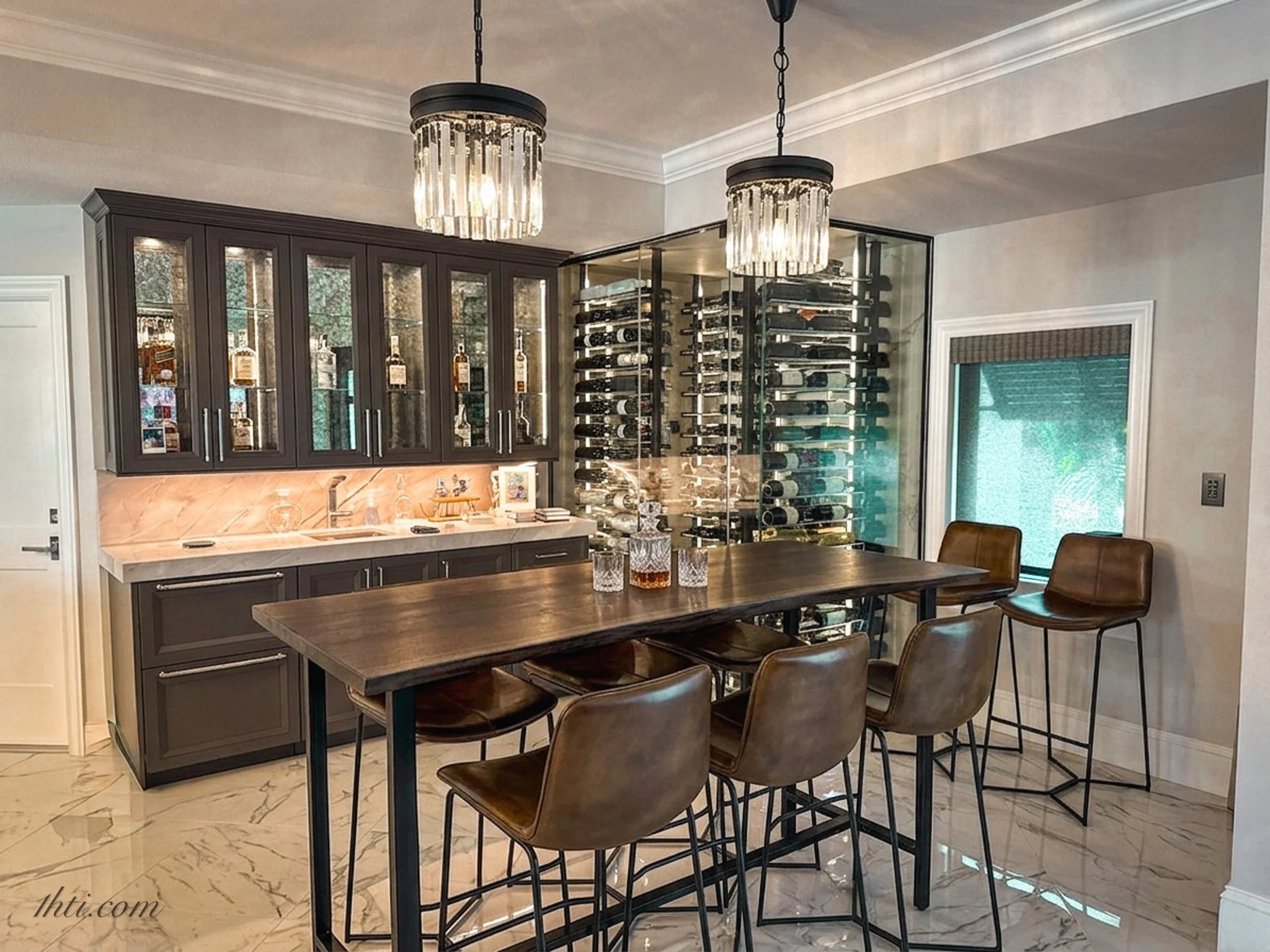 Under cabinet lighting, Glass doors lighting, wire cooler lighting, hidden outlets under the cabinets.