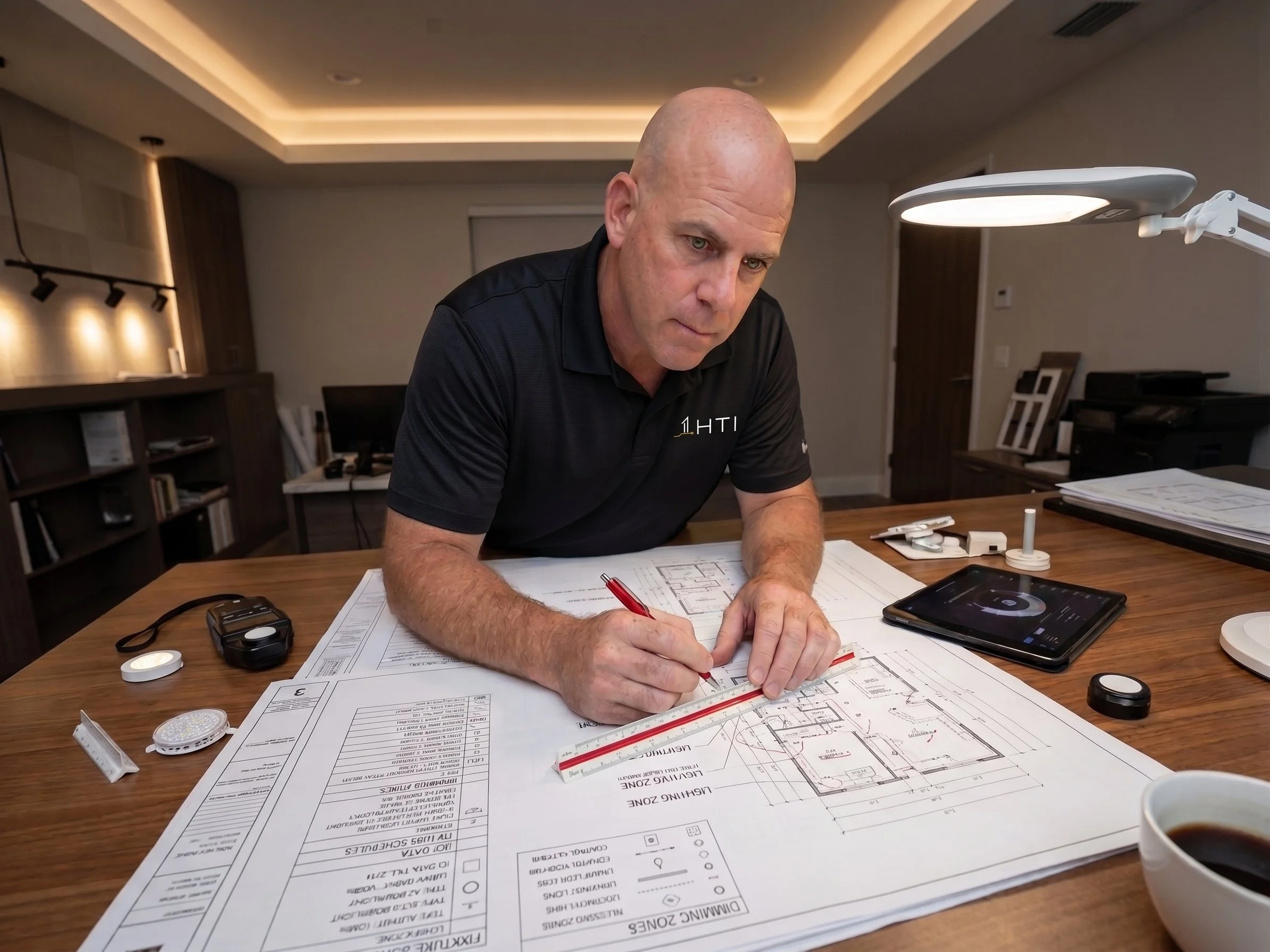 Lighting Designer with blue eyes and light stubble wearing a 1HTI polo, intensely focused on annotating technical lighting blueprints and floor plans at a design desk using a red pen and ruler