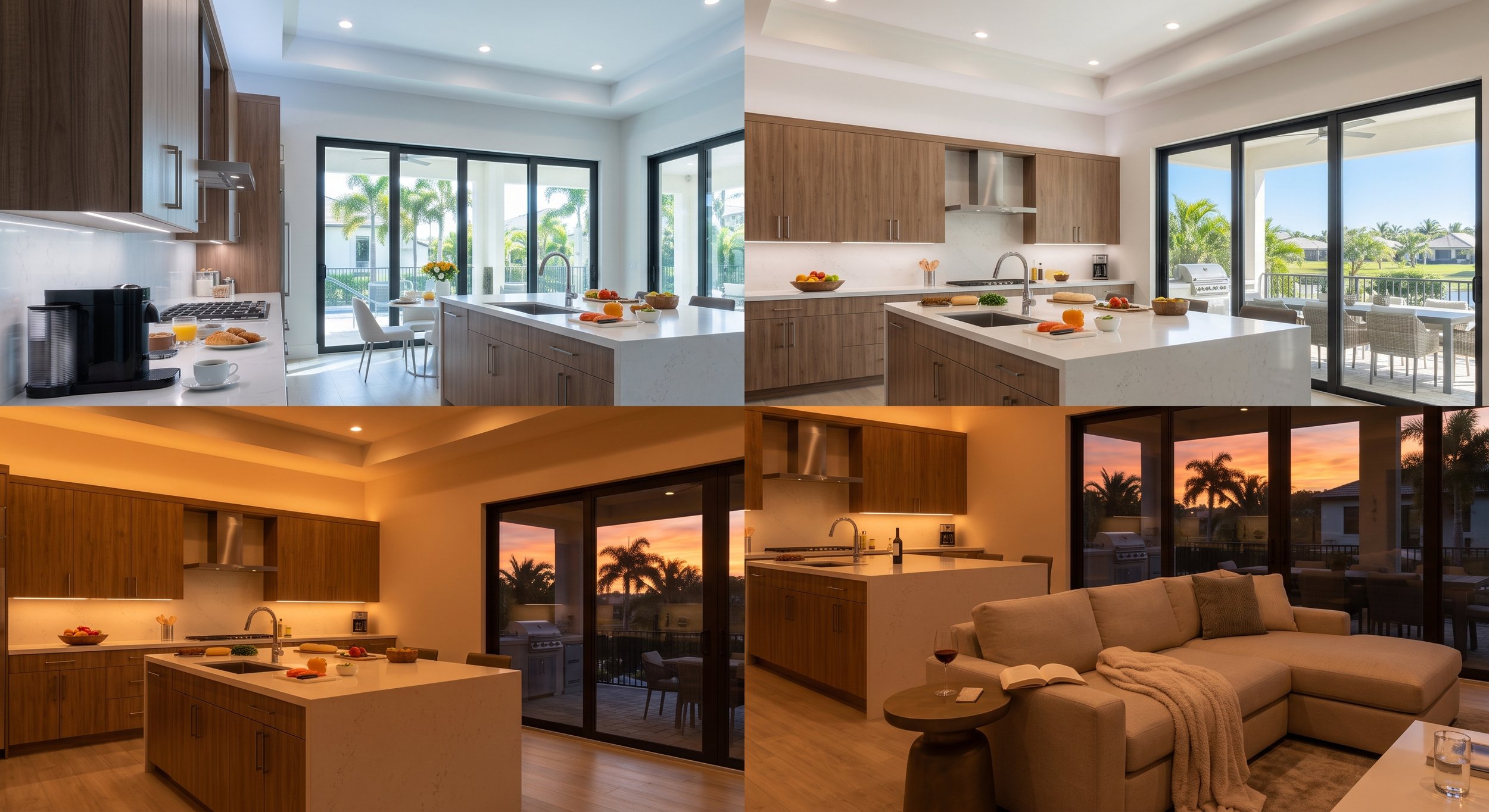 Lutron or Control4 natural sunlight tracking system changing color temperatures throughout the day in a luxury Naples Florida kitchen remodel
