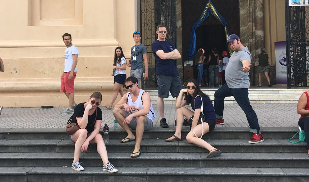 Posing like a boy band in front of the Iglesia Catedral de Córdoba.