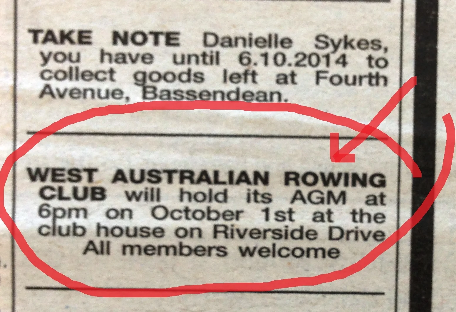 The ad in the West Australian advising of WARC's upcominb AGM