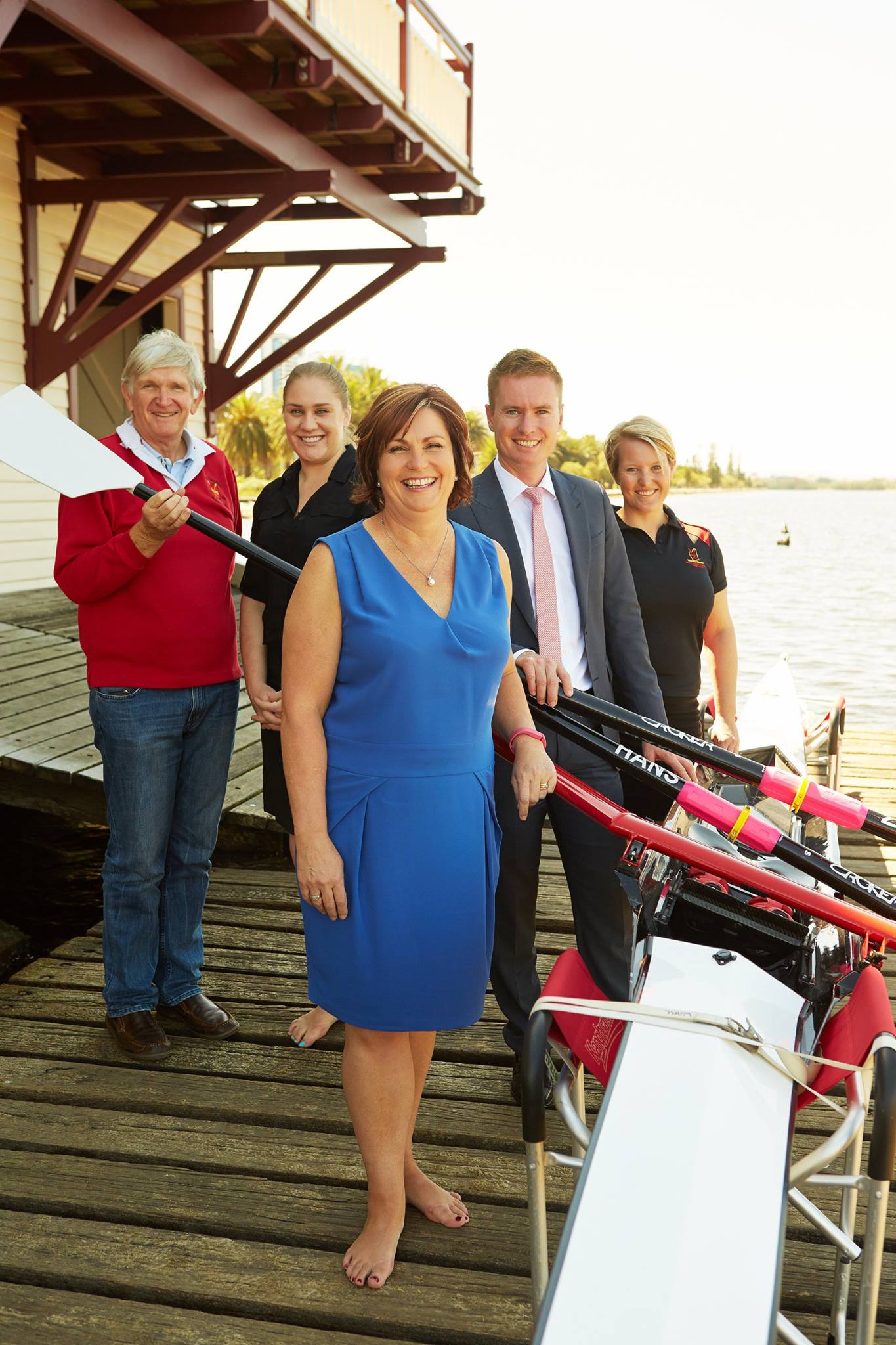 From left: WARC Life member Clem Williams, Vice President Jessica Donnelly, Heritage Council chair Marion Fulker, Heritage Minister Albert Jacob and WARC President Peta Rule with the "Wimmera" MQR single scull and Su Guy's "Hanz Off" Croker oars.