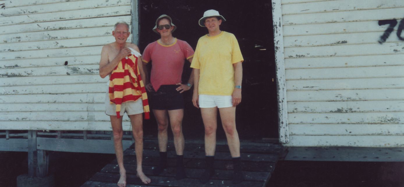(from left) the mostly naked person is Guy Negus, with Vossy (centre) and Clem Williams in the lemon-coloured shirt. 