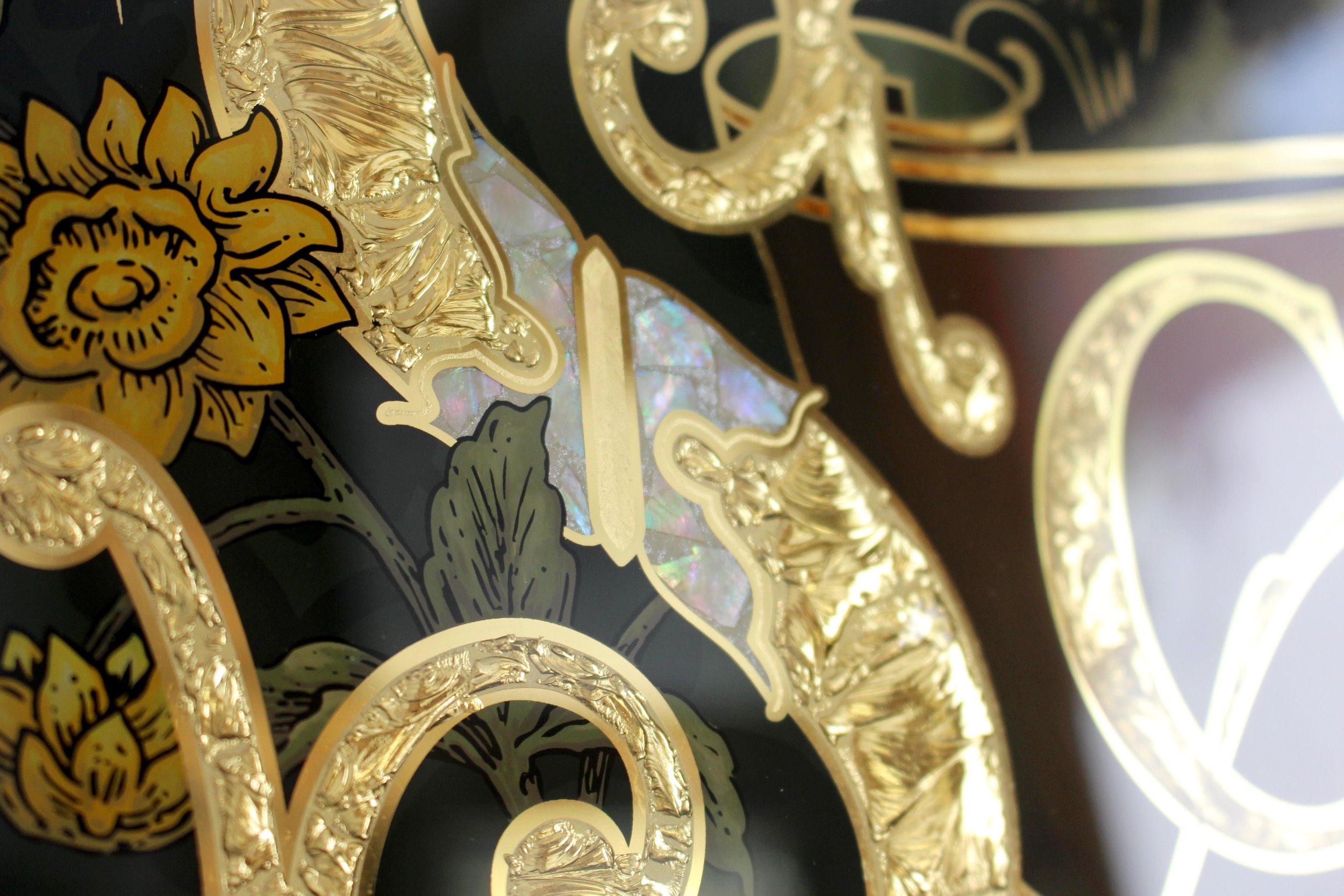  Gold leaf glue chipped glass detail with mother of pearl inlay 