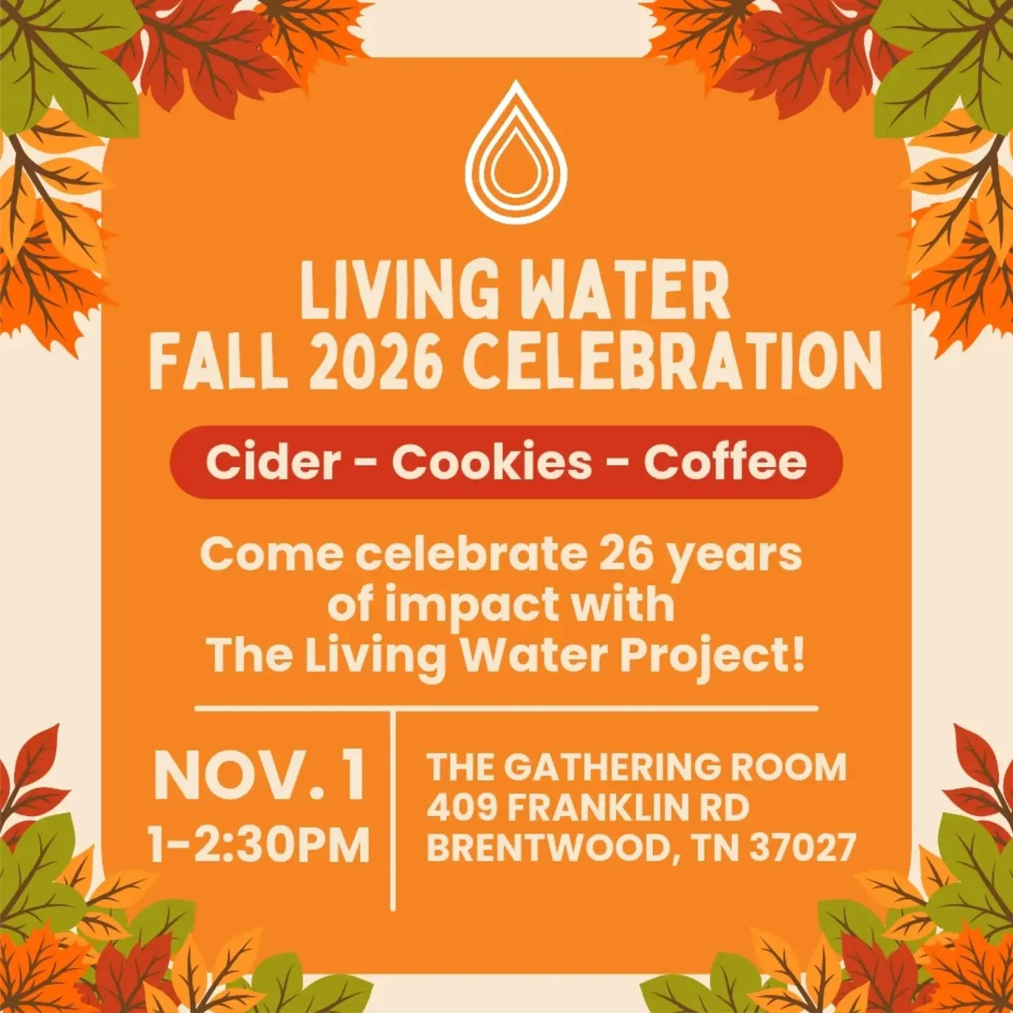 Join us on Sunday, November 1 from 1-2:30 PM in The Gathering Room to celebrate 26 years of impact with The Living Water Project! 

We will enjoy cider, coffee, cookies, and water and an update from the Board of Directors. Families are warmly encoura