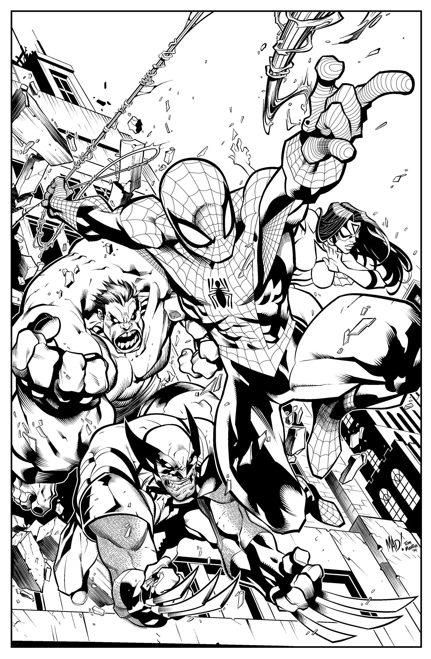 Spidey, Hulk and Wolverine - inking over Joe Madureira