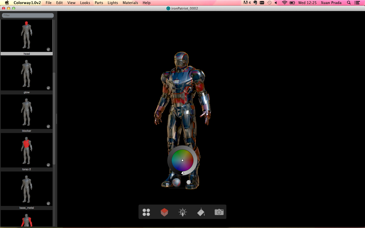 All the different parts exported from Modo are on the left side toolbar.