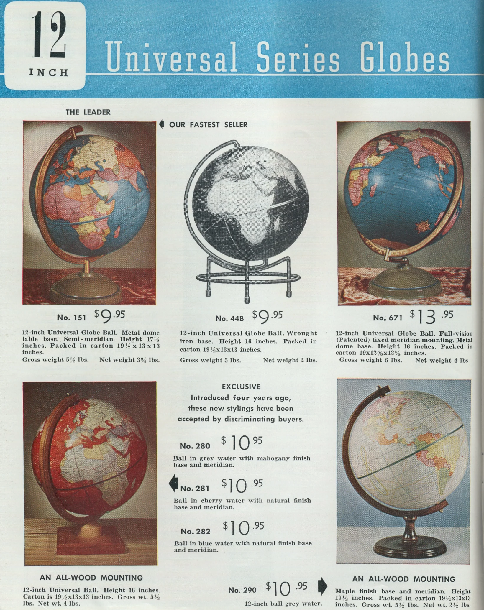 Rare ( c 1950) Mid Century Crams terrestrial Globe with Red Oceans & catalog advertisment