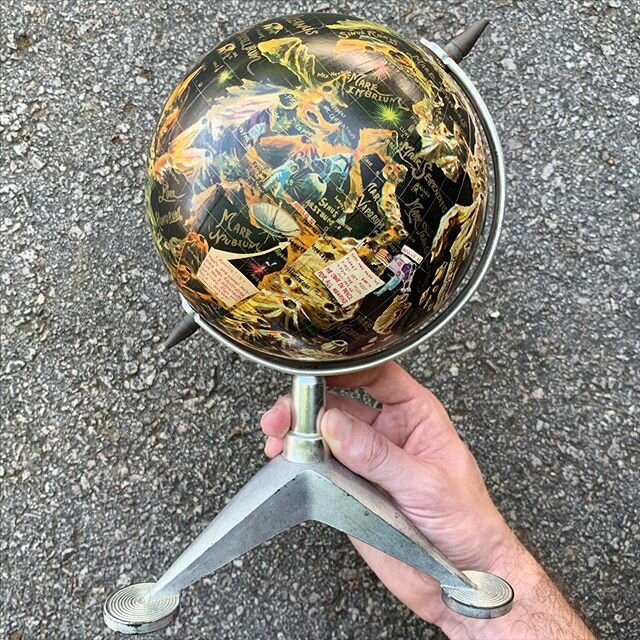 The newest arrival is all cleaned up and ready for a proper photo shoot! This funky lunar globe was made around 1970 as the Apollo 13 (April 11, 1970) mission is referenced but Apollo 14 (Jan 31, 1971) is not mentioned. The maker is currently unknown