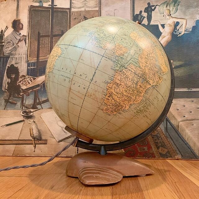 Weber Costello illuminated glass globe on an incredibly rare wooden airplane base. Freshly cleaned and re-wired. It&rsquo;s ready for a new home!