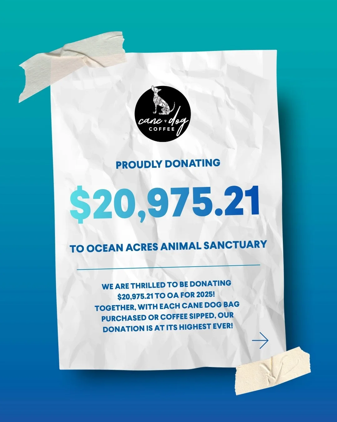 It&rsquo;s more than just coffee.

Through your support, we were able to donate $20,975.21 to @oceanacresanimals Helping provide care, shelter, and love to dogs still waiting for their homes.

Every cup played a part.

We couldn&rsquo;t have done thi