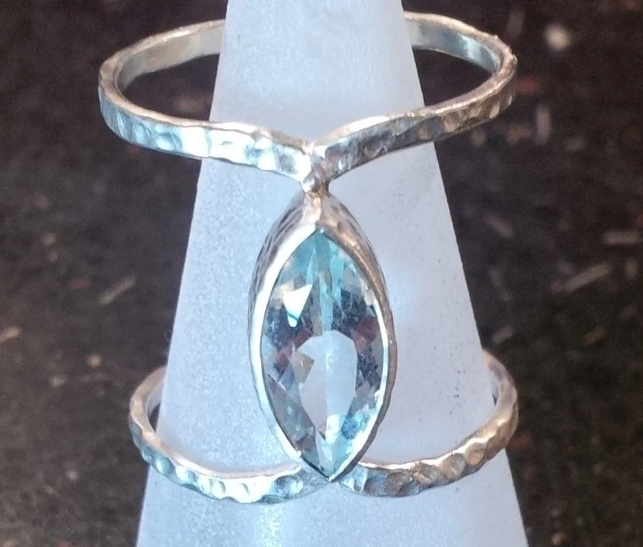 Textured silver ring with central marquise cut aquamarine - BUY