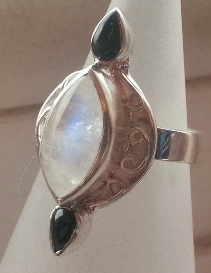 Silver ring with marquise cut moonstone and onyx and wirework detail - SOLD