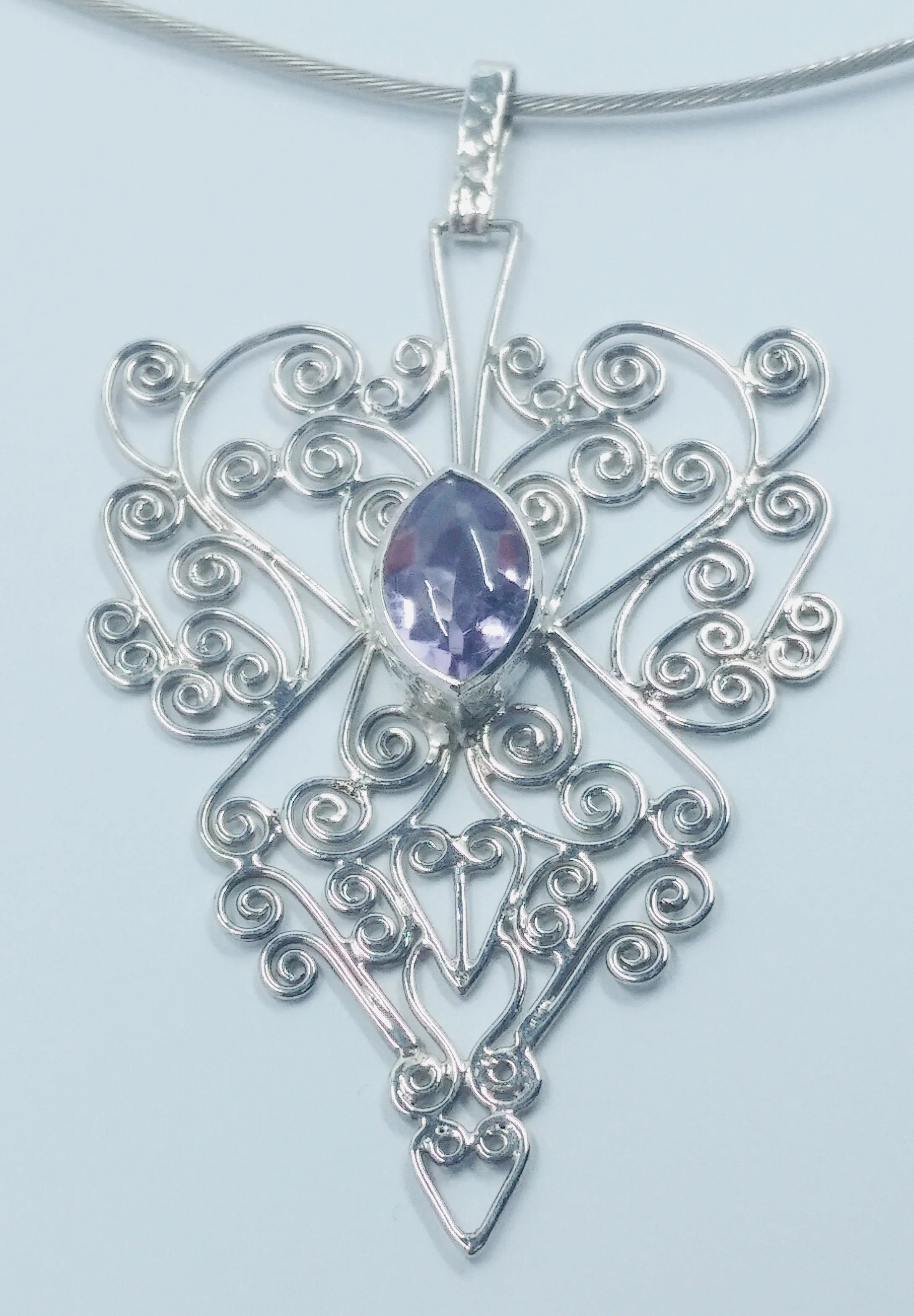 Silver wirework pendant with central marquise cut amethyst - BUY