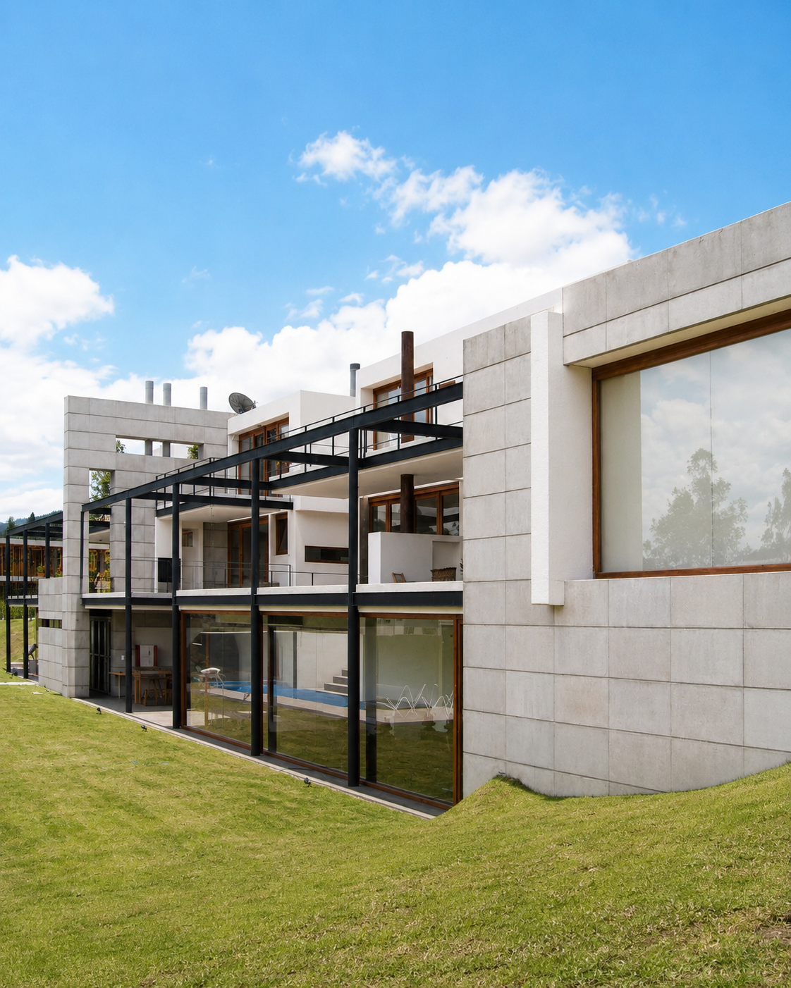Residencias Nayón, fachada posterior, vista de áreas sociales. Diseñado por Endara Arquitectos.