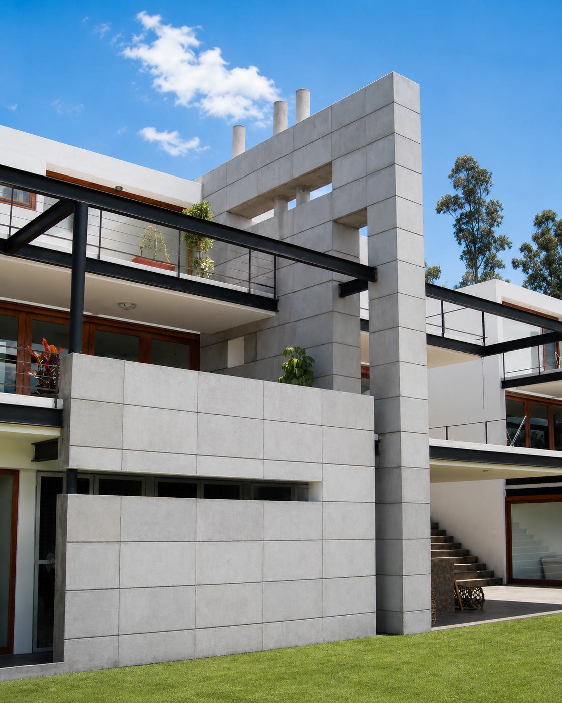 Residencias Nayón, Fachada posterior, volúmenes en hormigón visto separando las casas. Diseñado por Endara Arquitectos.
