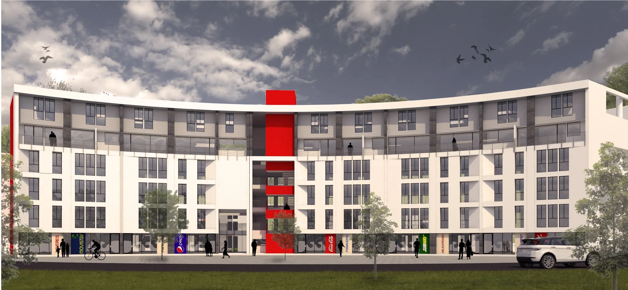 Bosques de Amaru, render de fachada principal. Diseñado por Endara Arquitectos.