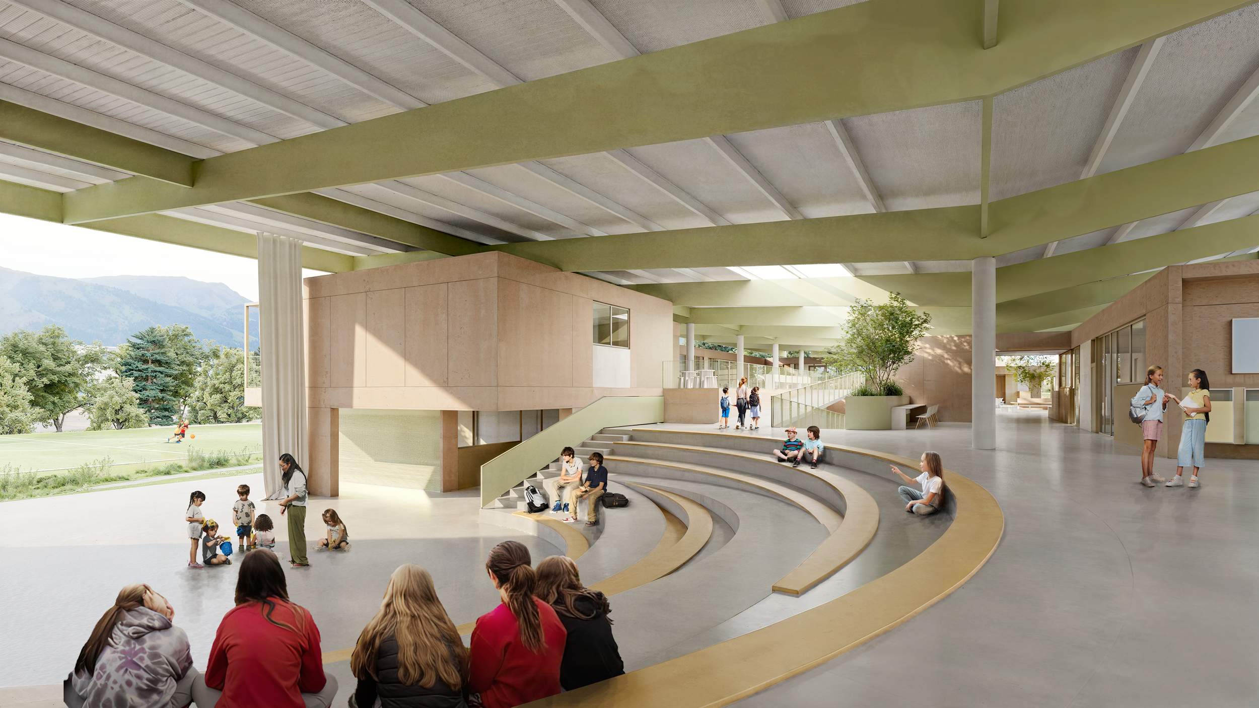 Vista del anfiteatro de primaria,  del Nuevo Colegio Americano de Quito – Campus Puembo. Endara Arquitectos.
