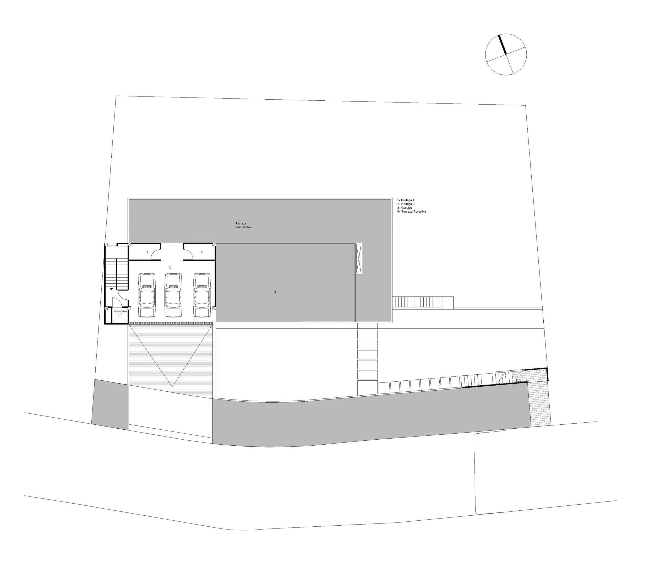 Planta del garaje , del proyecto residencial de 3 casas independientes de lujo "Pillagua Barranco", diseñado por Endara Arquitectos